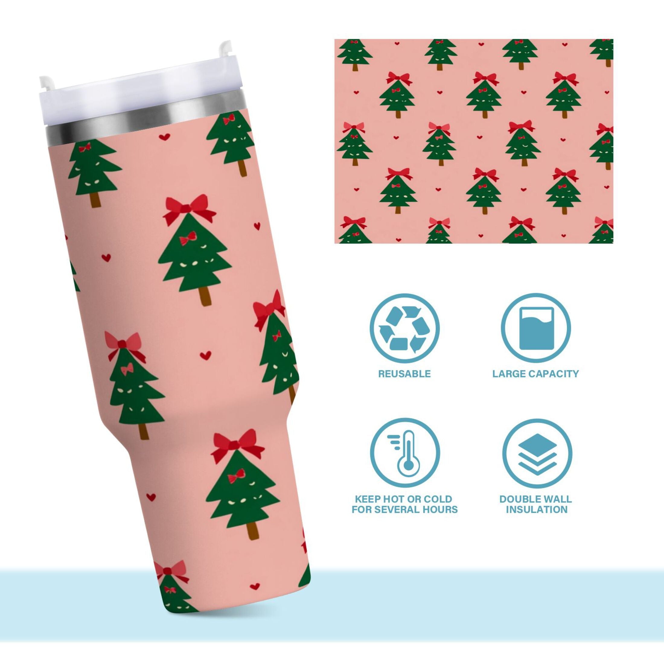 40 oz Insulated Stainless Steel Tumbler Double Wall Stainless Steel Tumbler with 2-Way Drinking Green Trees and Red Bows - Pick 449