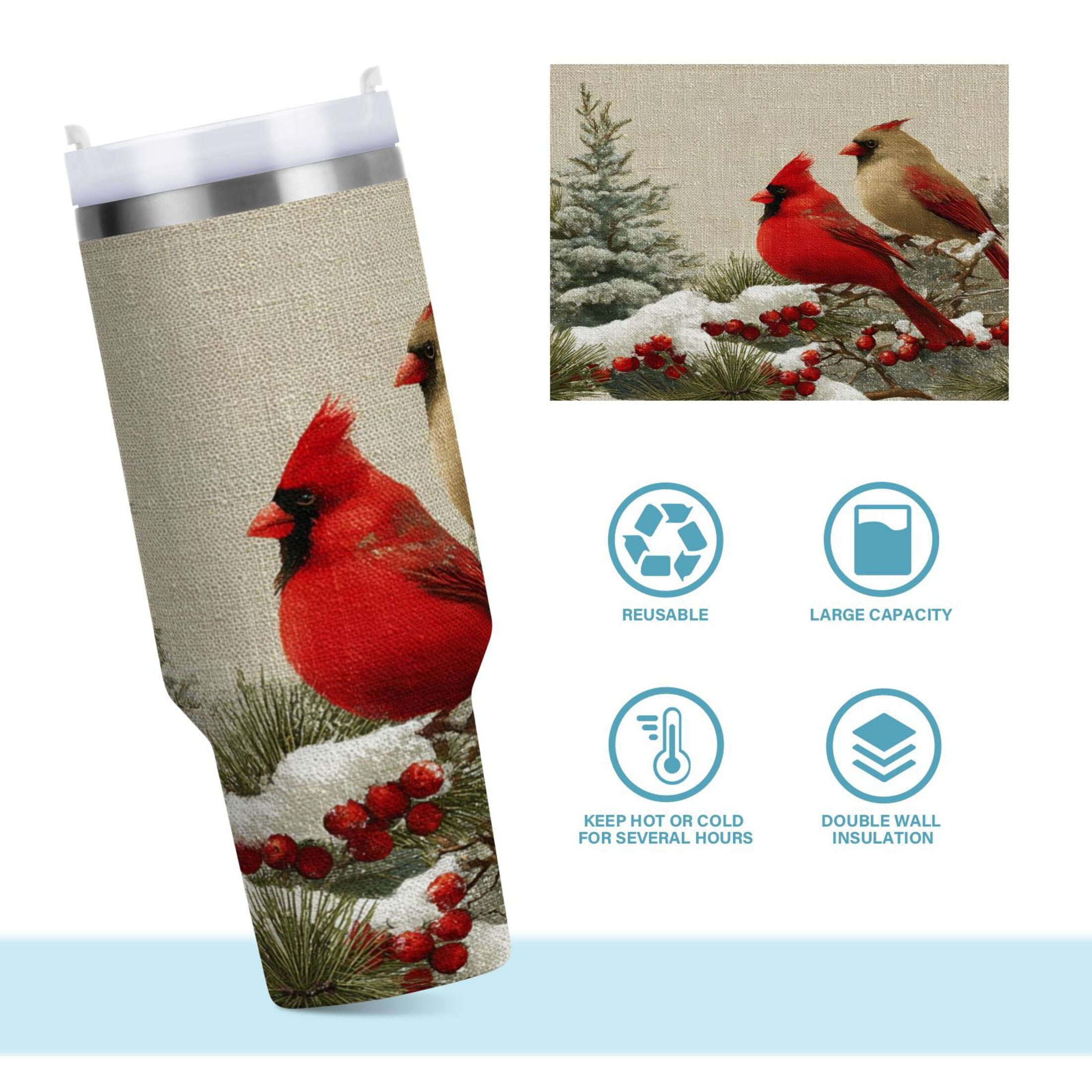 30 oz Insulated Stainless Steel Tumbler Double Wall Stainless Steel Tumbler with 2-Way Drinking Bird and Snow-covered Trees - Pick 943