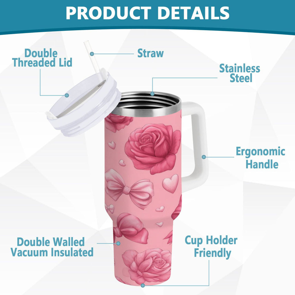 40 oz Insulated Stainless Steel Tumbler Double Wall Stainless Steel Tumbler with 2-Way Drinking Roses and Bows Pattern - Pick 960