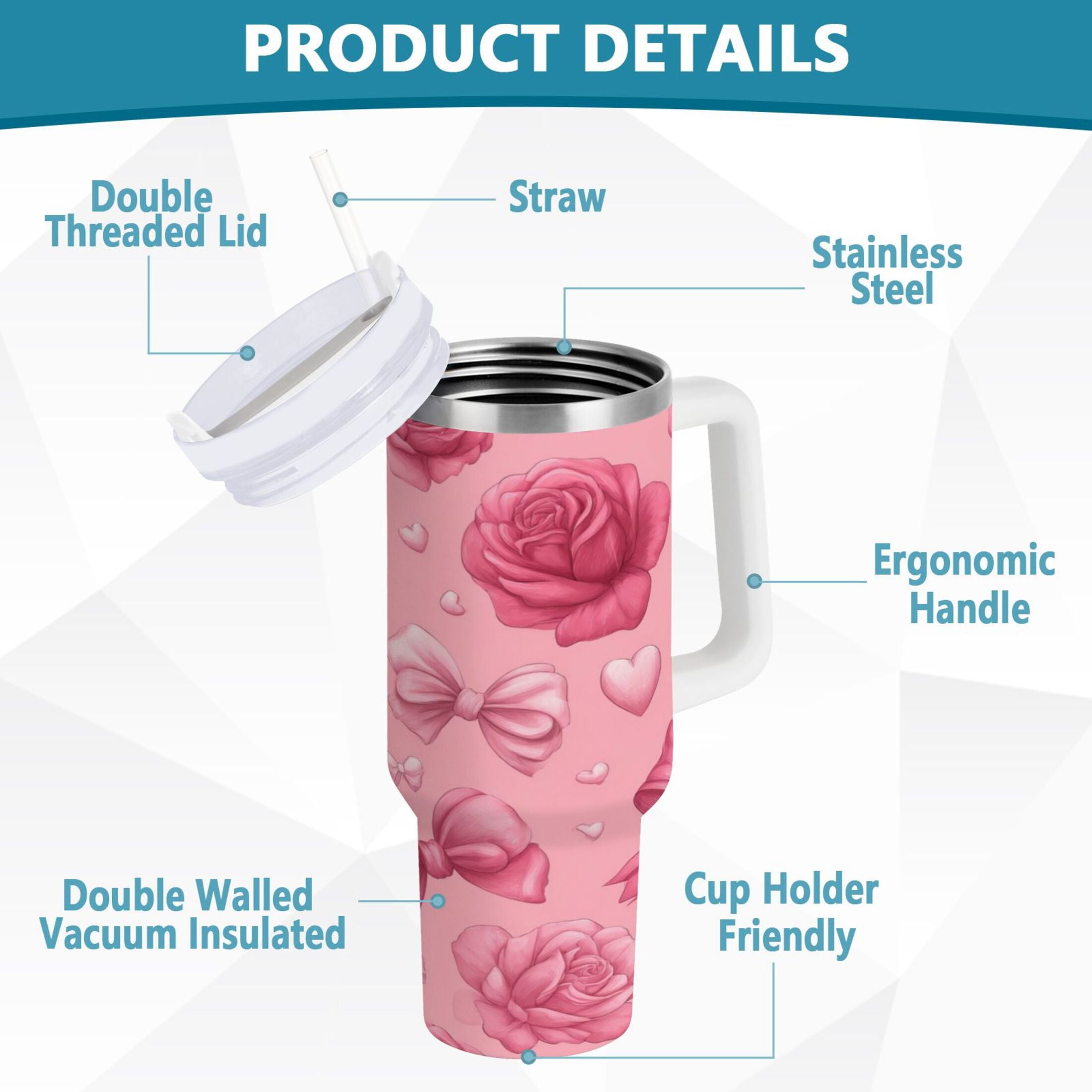 40 oz Insulated Stainless Steel Tumbler Double Wall Stainless Steel Tumbler with 2-Way Drinking Roses and Bows Pattern - Pick 960