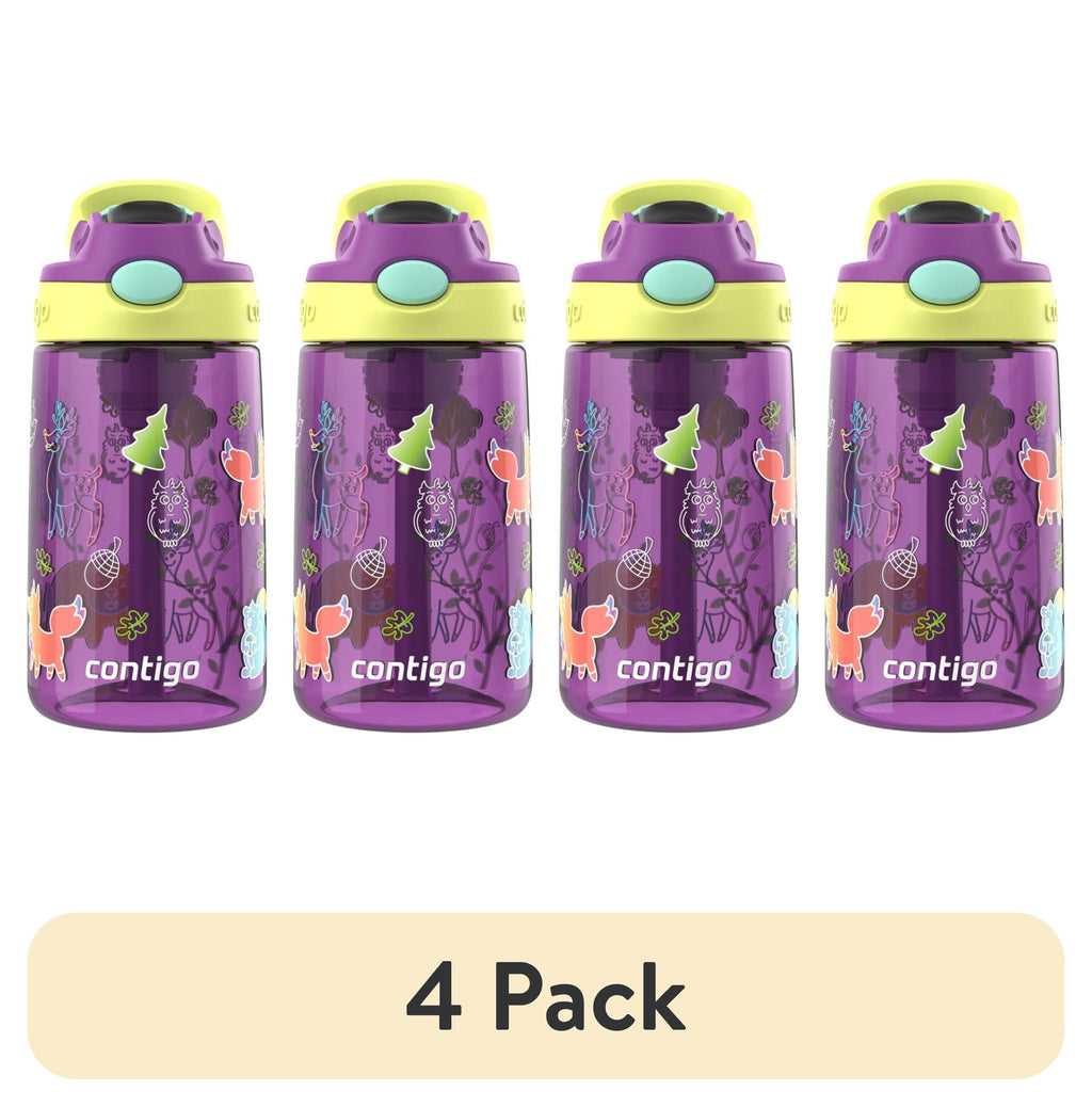 (4 pack) Contigo Kids Water Bottle with Redesigned AUTOSPOUT Straw, 14 oz, Grape Forest Haven - Pick 339
