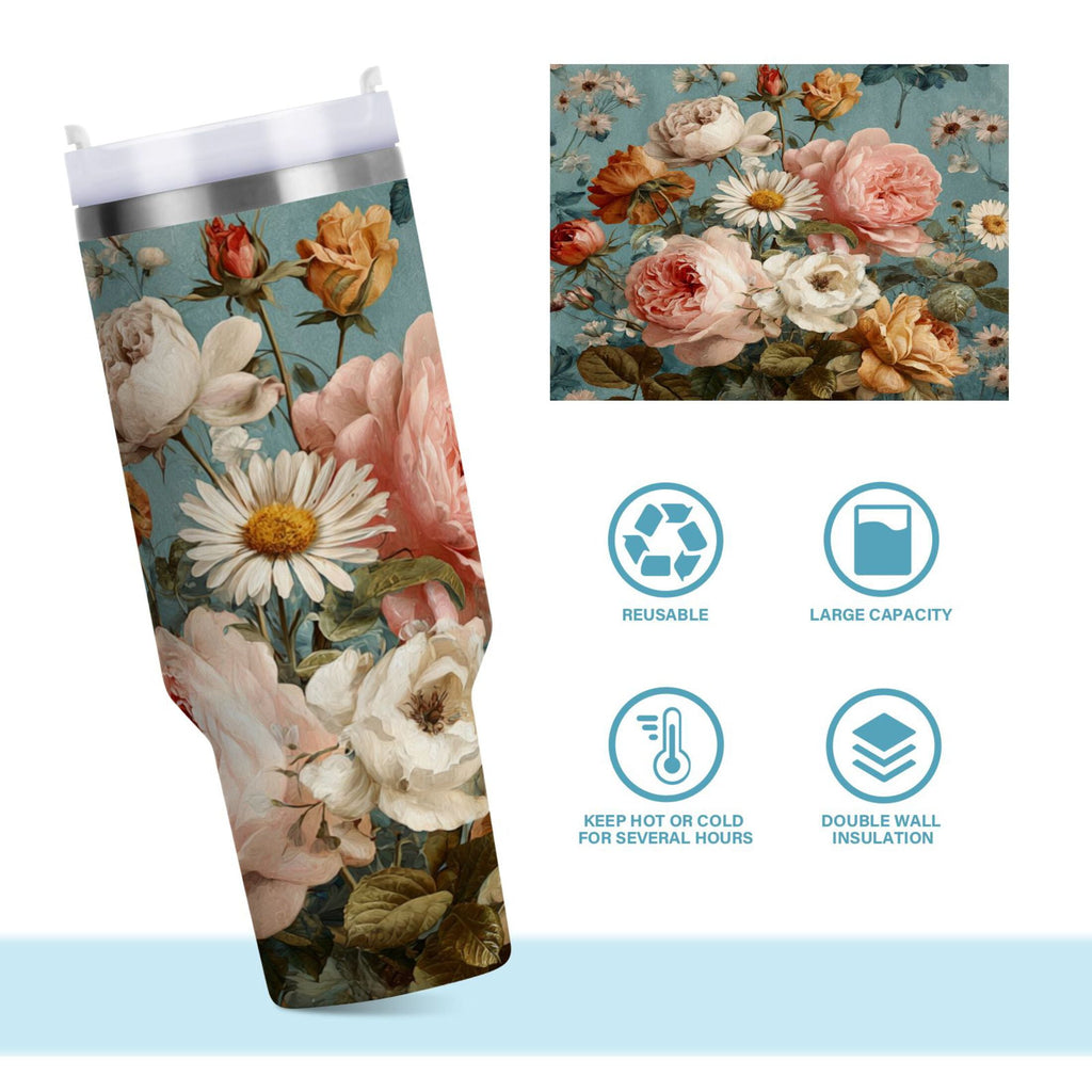 30 oz Insulated Stainless Steel Tumbler Double Wall Stainless Steel Tumbler with 2-Way Drinking Vintage Roses and Peonies - Pick 391