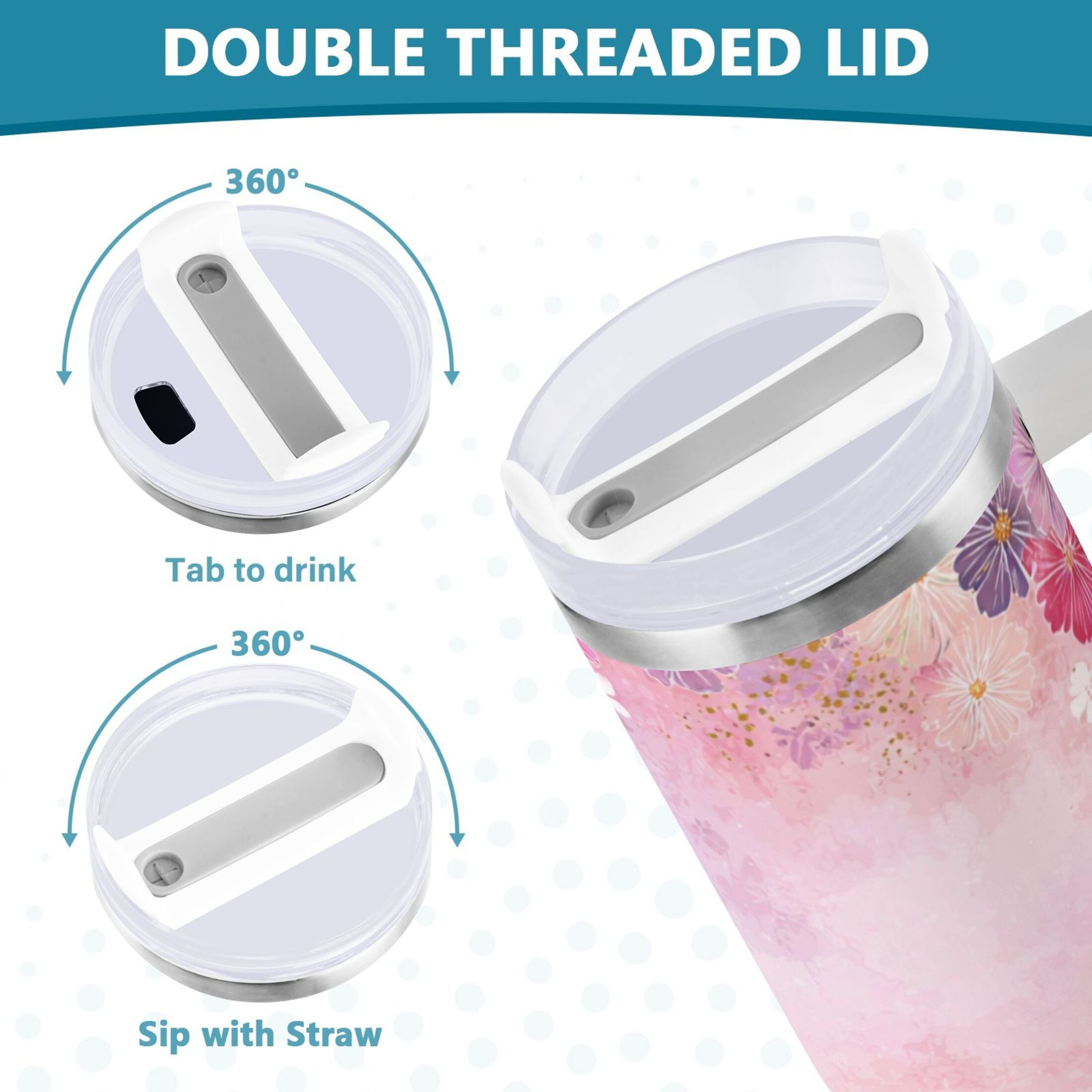 30 oz Insulated Stainless Steel Tumbler Double Wall Stainless Steel Tumbler with 2-Way Drinking Colorful Pastel Floral Pattern - Pick 927