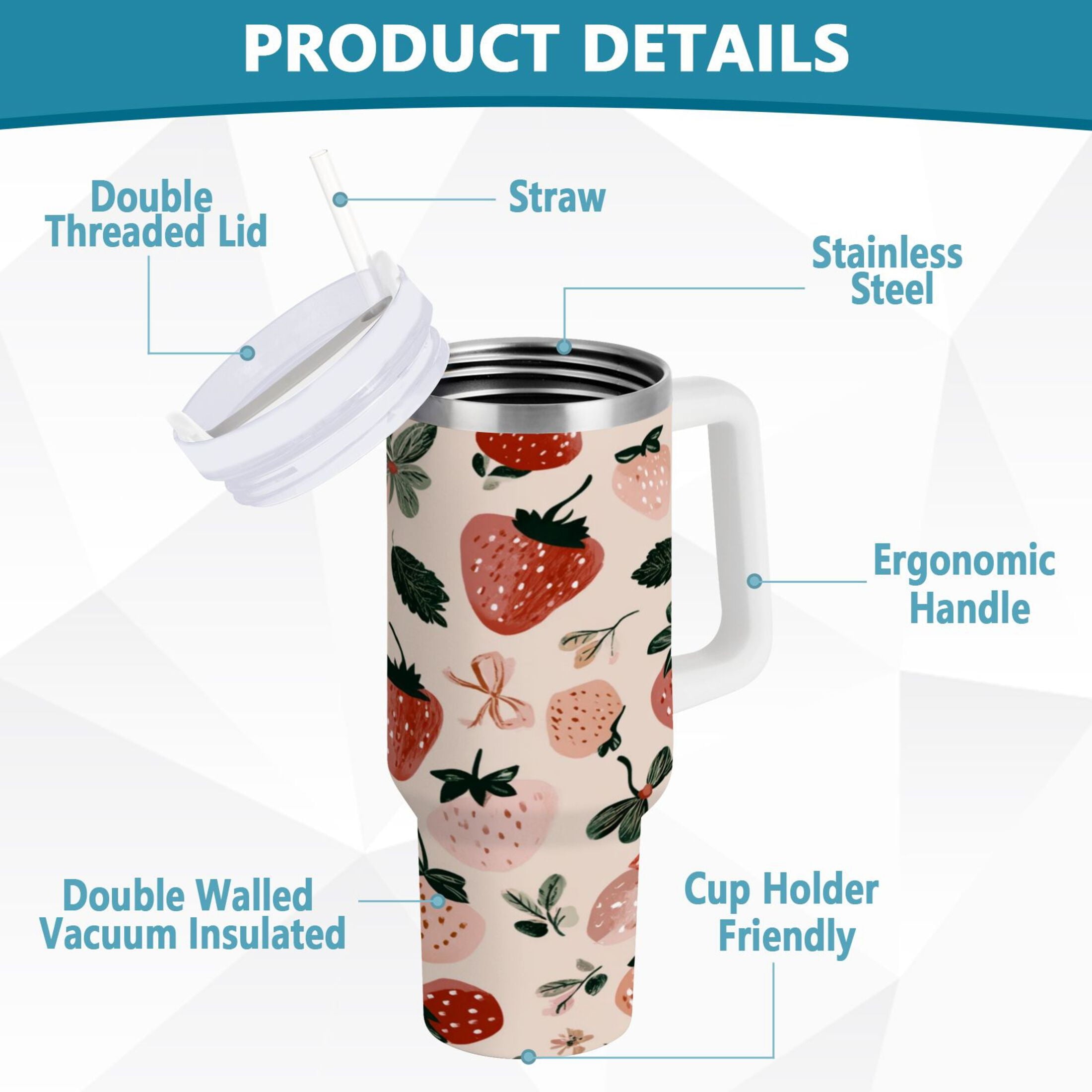 30 oz Insulated Stainless Steel Tumbler Double Wall Stainless Steel Tumbler with 2-Way Drinking Cute Pinks Strawberries - Pick 262