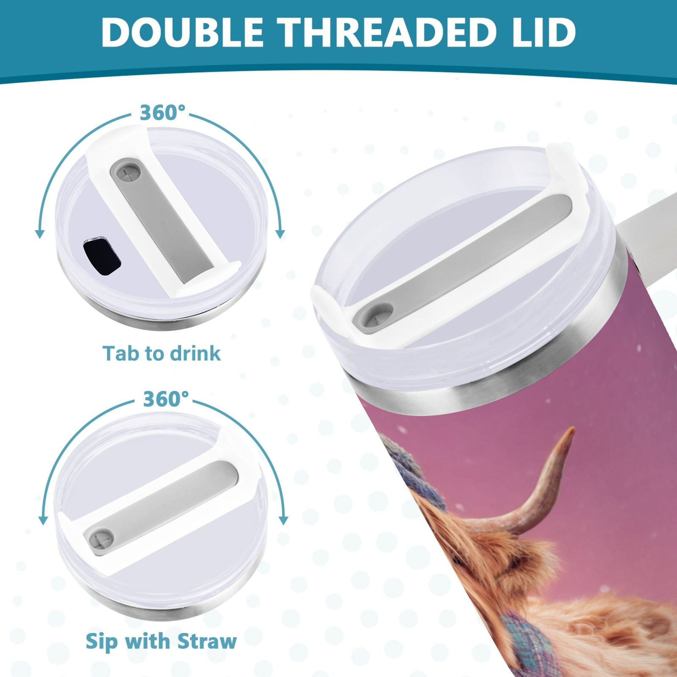 30 oz Insulated Stainless Steel Tumbler Double Wall Stainless Steel Tumbler with 2-Way Drinking Cow Wearing Christmas - Pick 543