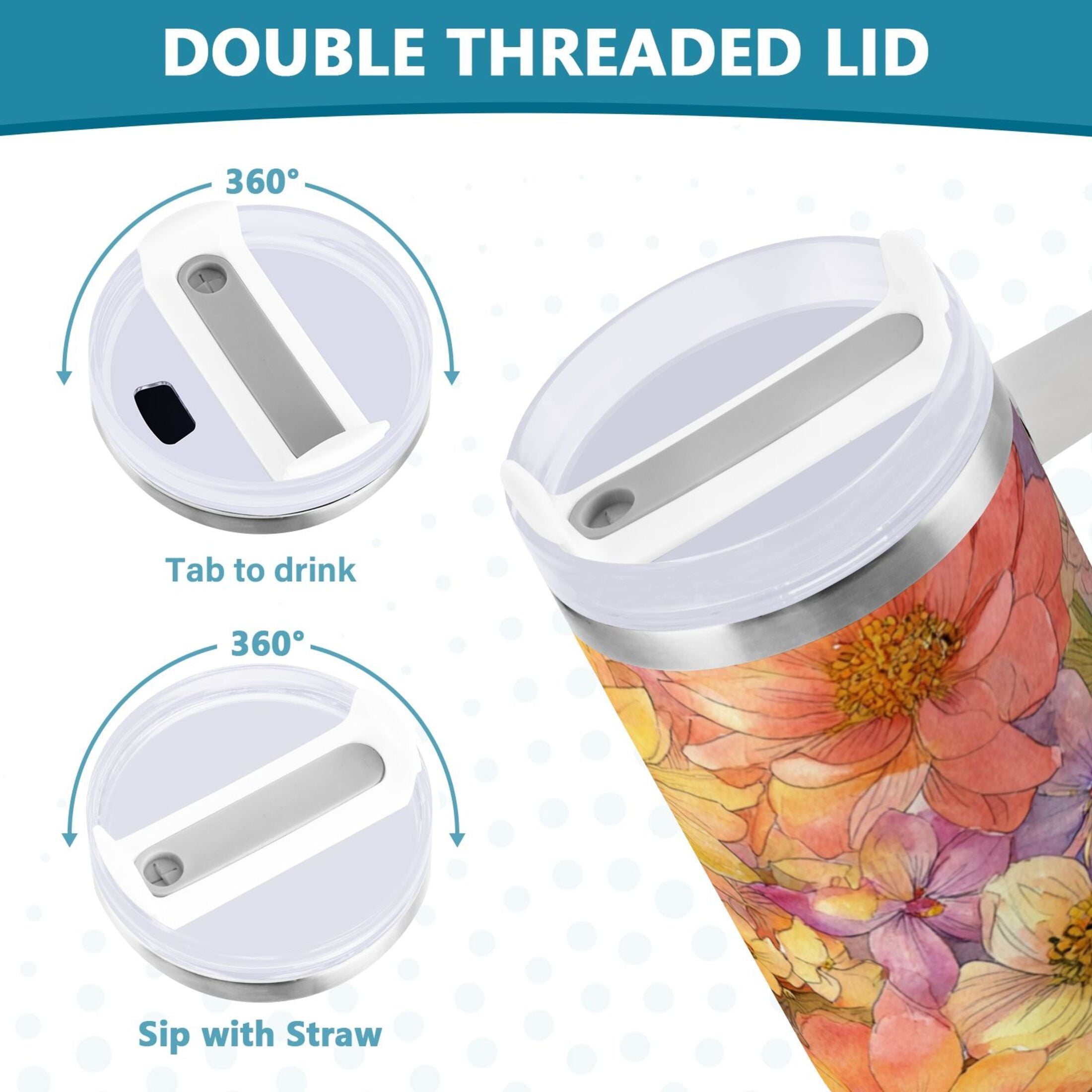 30 oz Insulated Stainless Steel Tumbler Double Wall Stainless Steel Tumbler with 2-Way Drinking Summer Blossoms - Pick 919