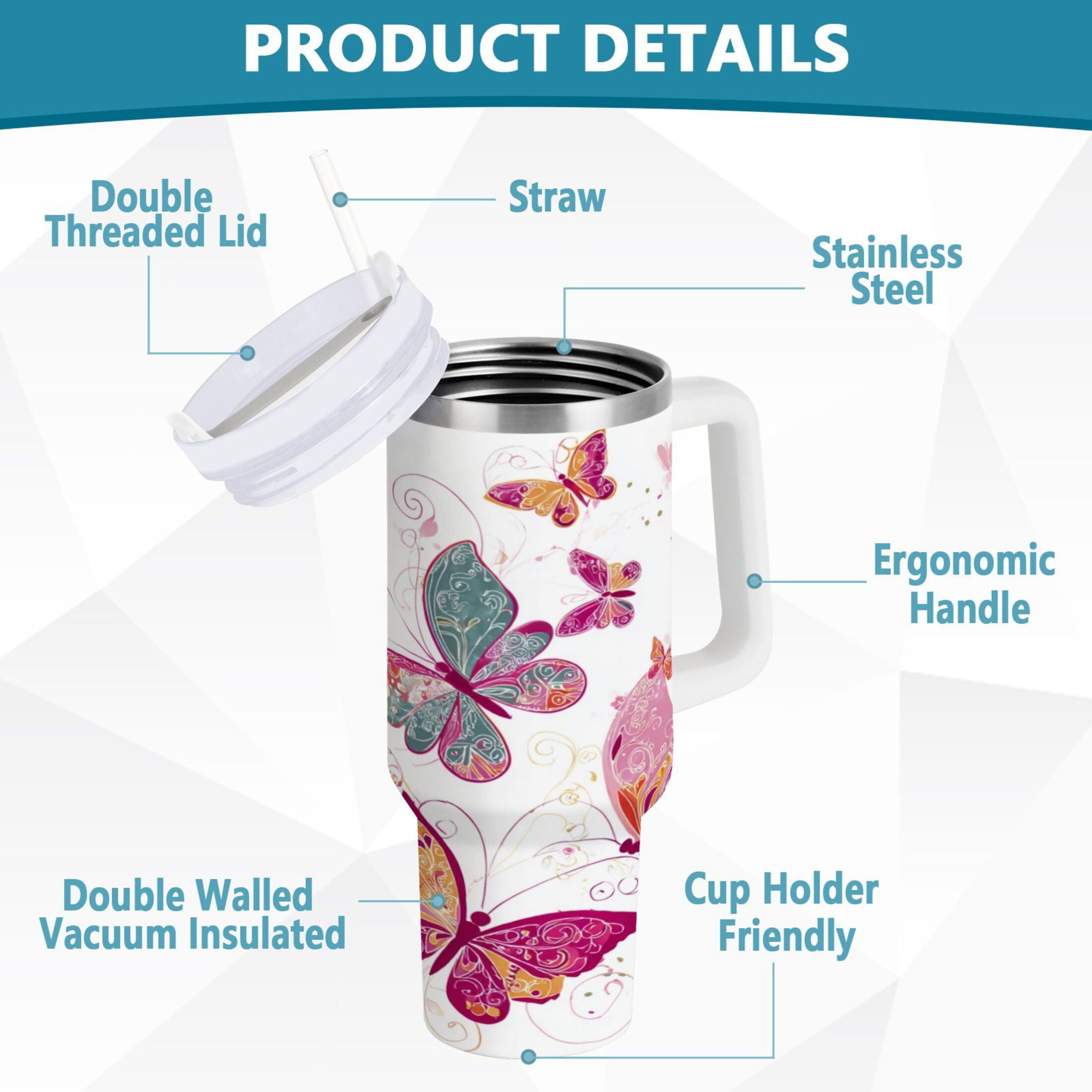 30 oz Insulated Stainless Steel Tumbler Double Wall Stainless Steel Tumbler with 2-Way Drinking Colorful Butterflies - Pick 547