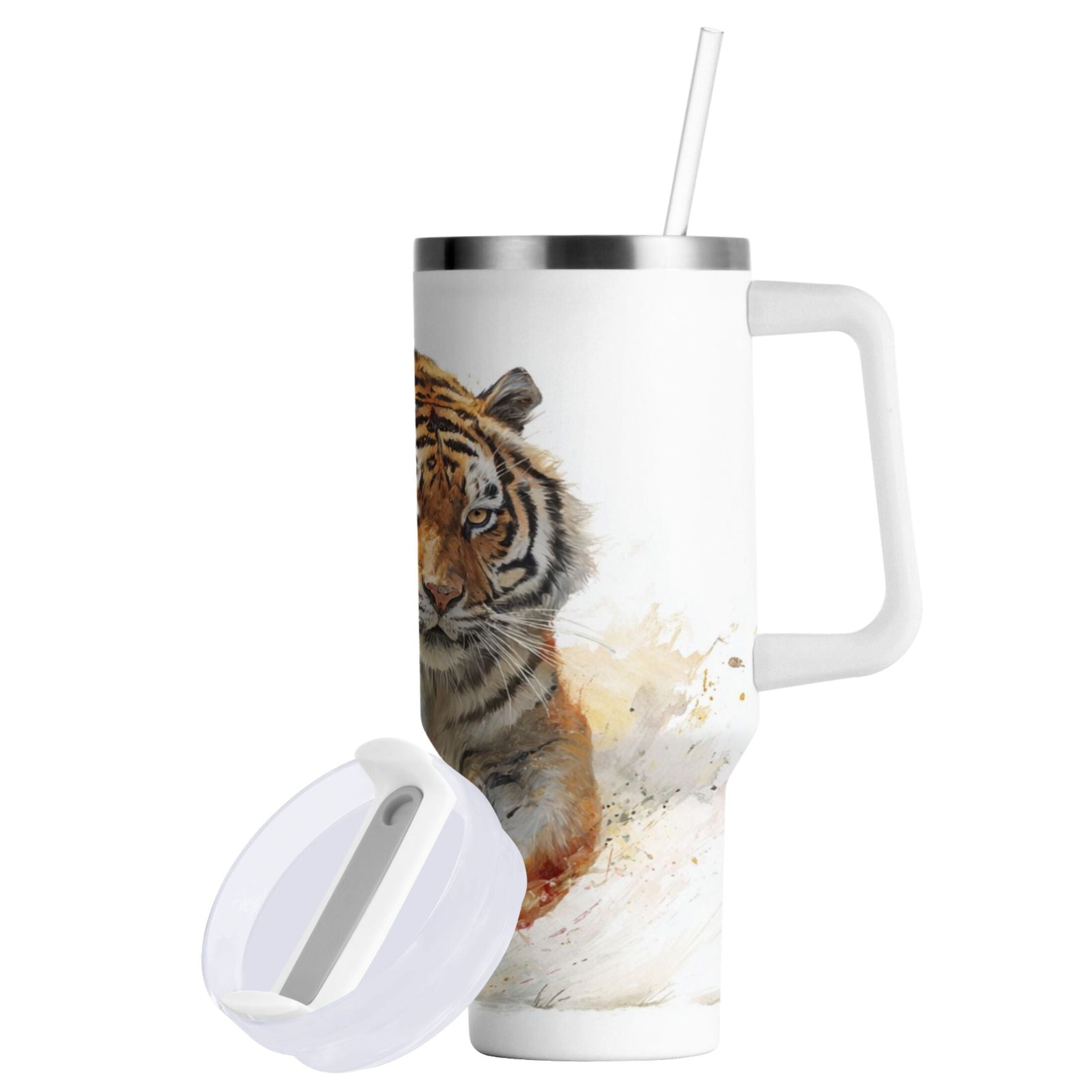 30 oz Insulated Stainless Steel Tumbler Double Wall Stainless Steel Tumbler with 2-Way Drinking Tiger in Action - Pick 319