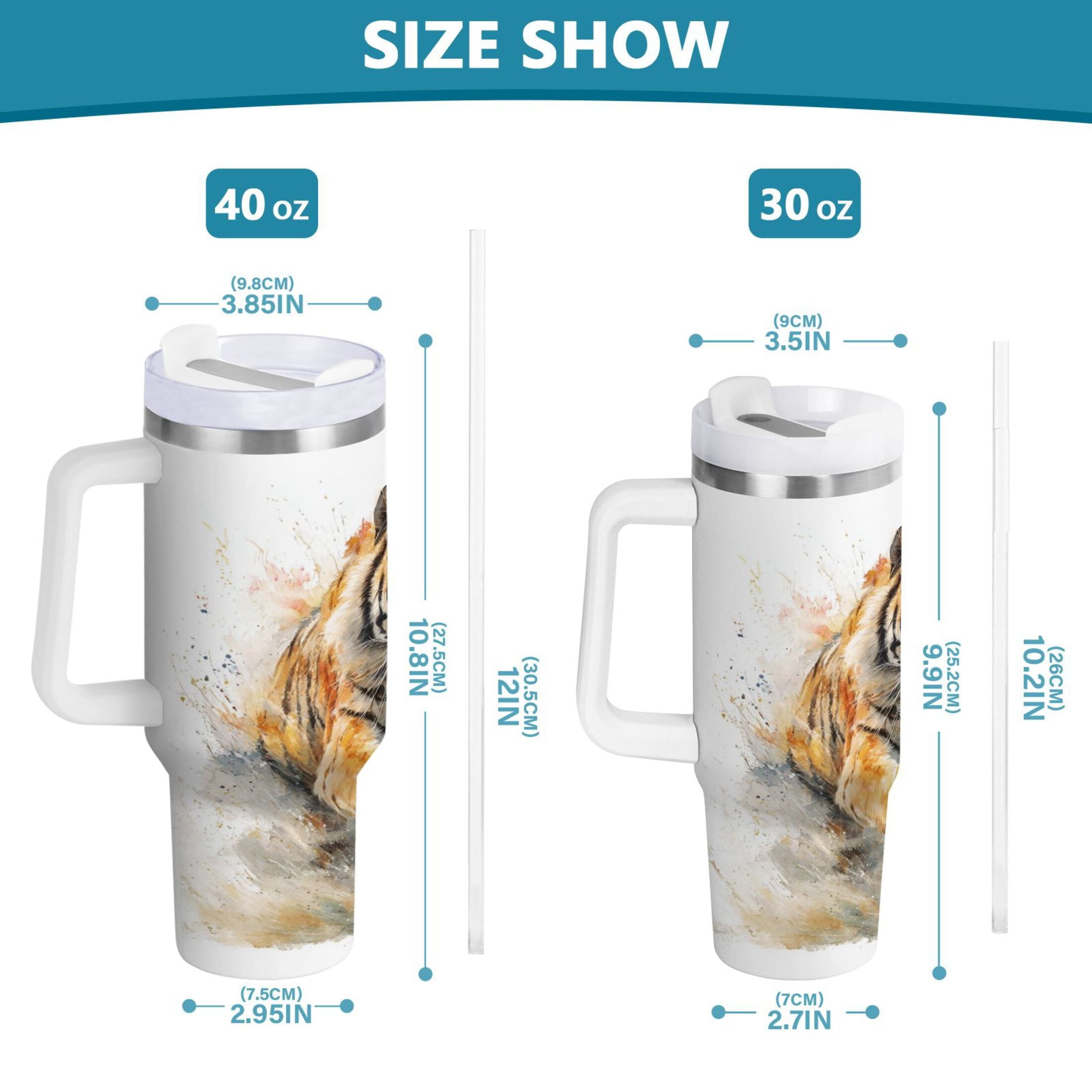 30 oz Insulated Stainless Steel Tumbler Double Wall Stainless Steel Tumbler with 2-Way Drinking Tiger in Action - Pick 319