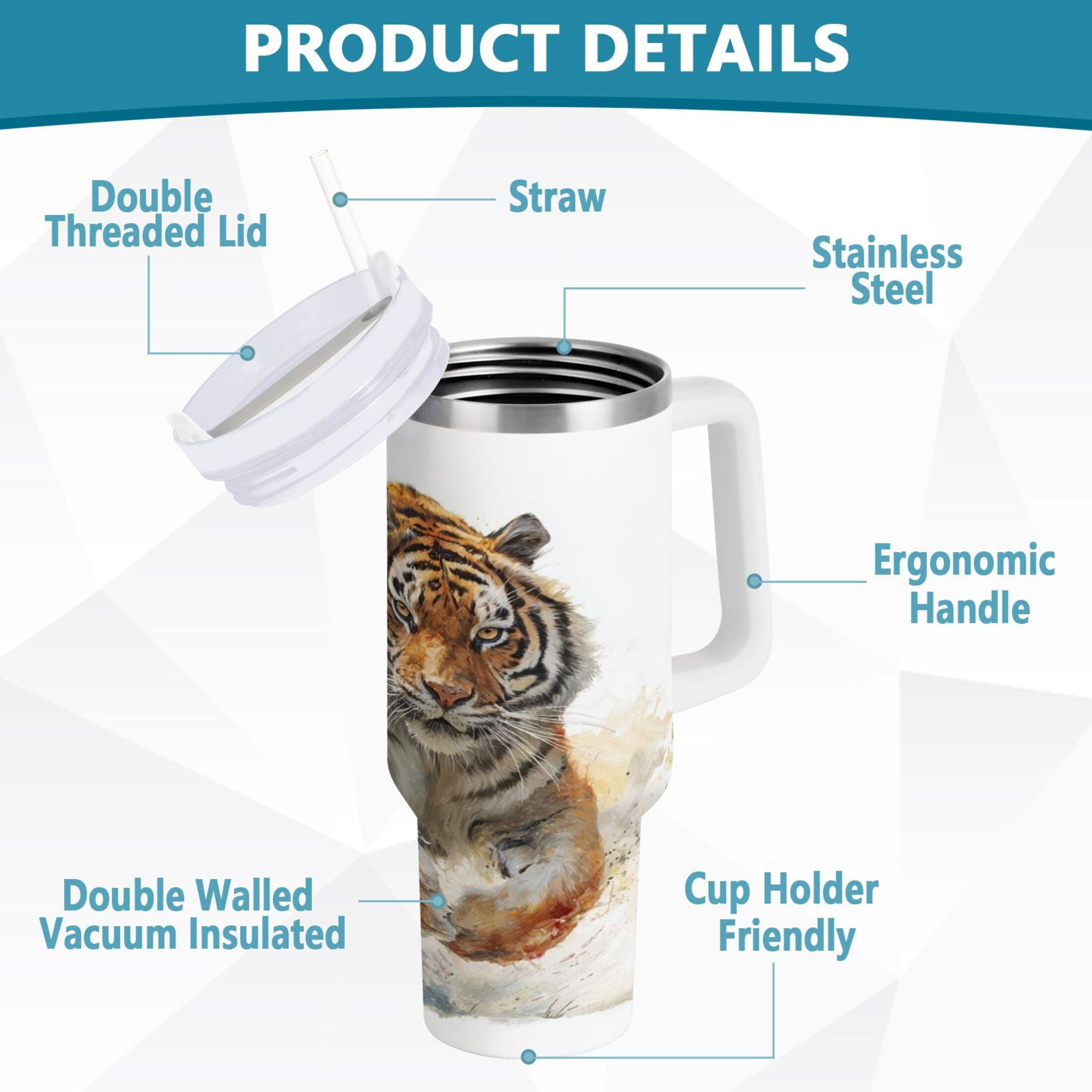 30 oz Insulated Stainless Steel Tumbler Double Wall Stainless Steel Tumbler with 2-Way Drinking Tiger in Action - Pick 319