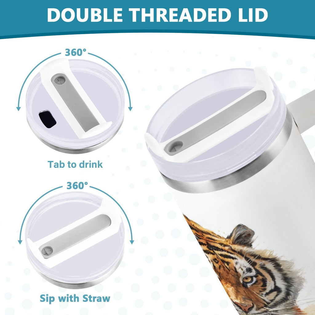 30 oz Insulated Stainless Steel Tumbler Double Wall Stainless Steel Tumbler with 2-Way Drinking Tiger in Action - Pick 319