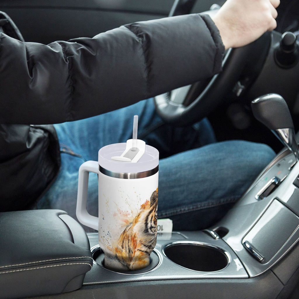 30 oz Insulated Stainless Steel Tumbler Double Wall Stainless Steel Tumbler with 2-Way Drinking Tiger in Action - Pick 319