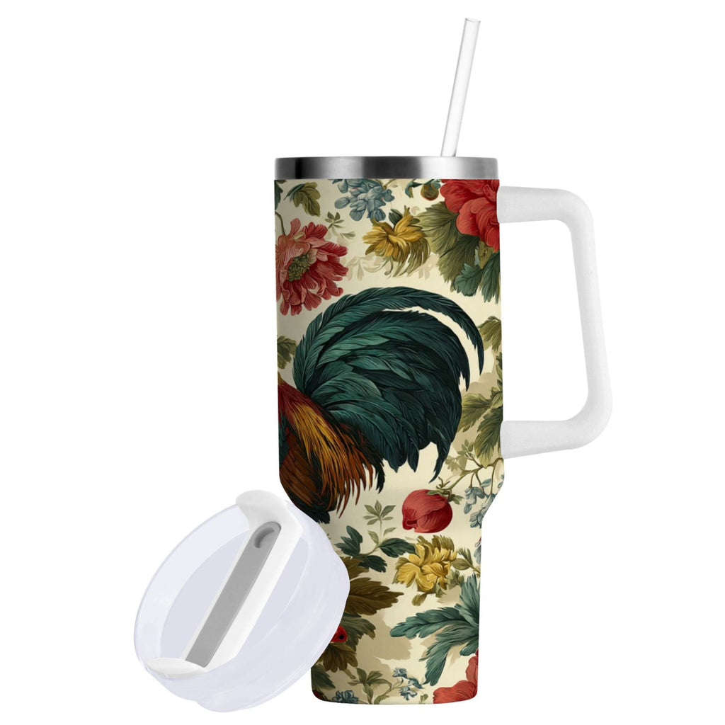 40 oz Insulated Stainless Steel Tumbler Double Wall Stainless Steel Tumbler with 2-Way Drinking Rooster and Vintage Floral - Pick 196