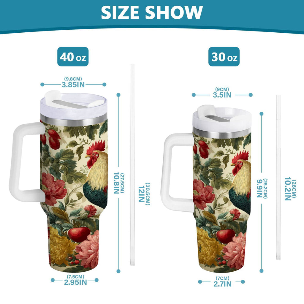 40 oz Insulated Stainless Steel Tumbler Double Wall Stainless Steel Tumbler with 2-Way Drinking Rooster and Vintage Floral - Pick 196