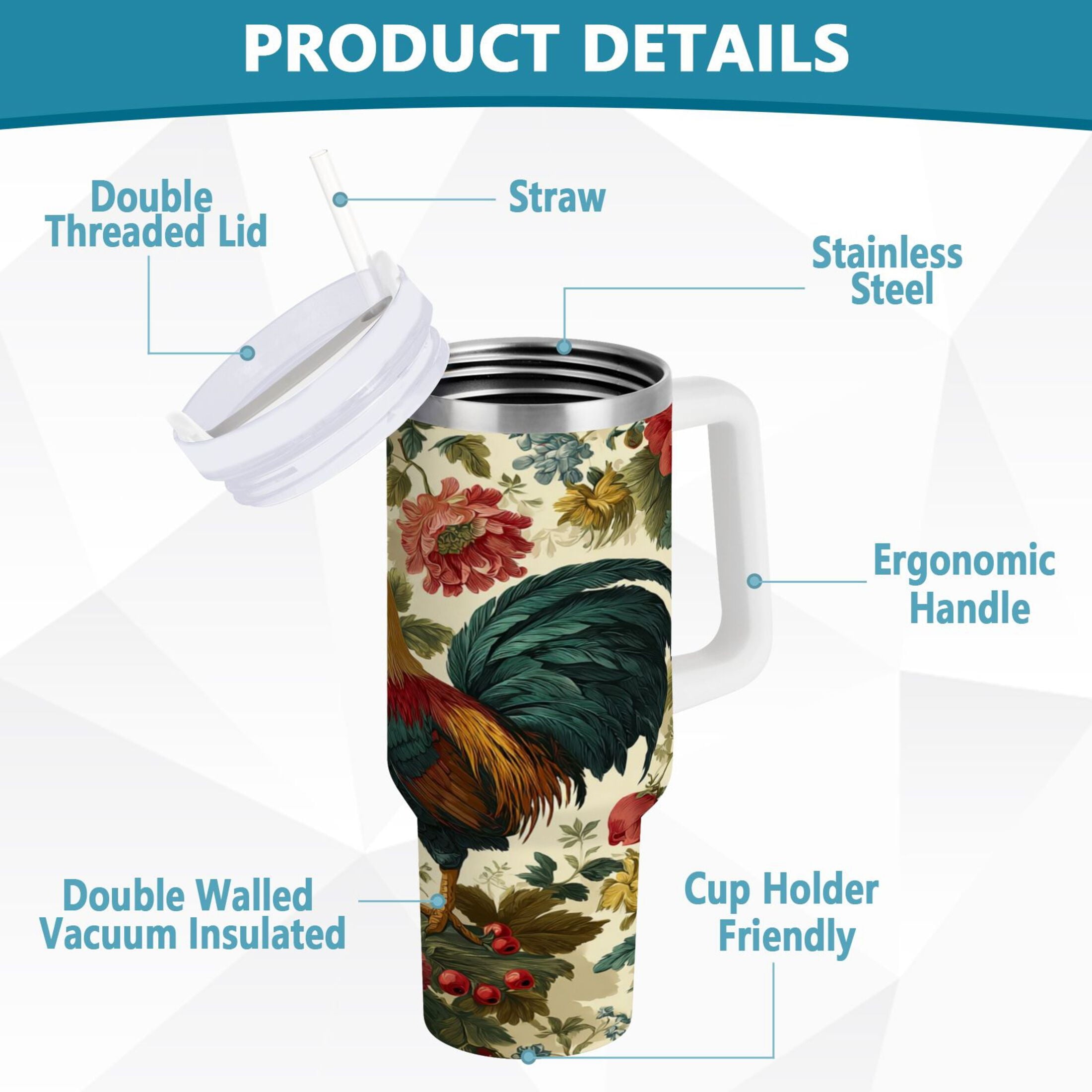 40 oz Insulated Stainless Steel Tumbler Double Wall Stainless Steel Tumbler with 2-Way Drinking Rooster and Vintage Floral - Pick 196