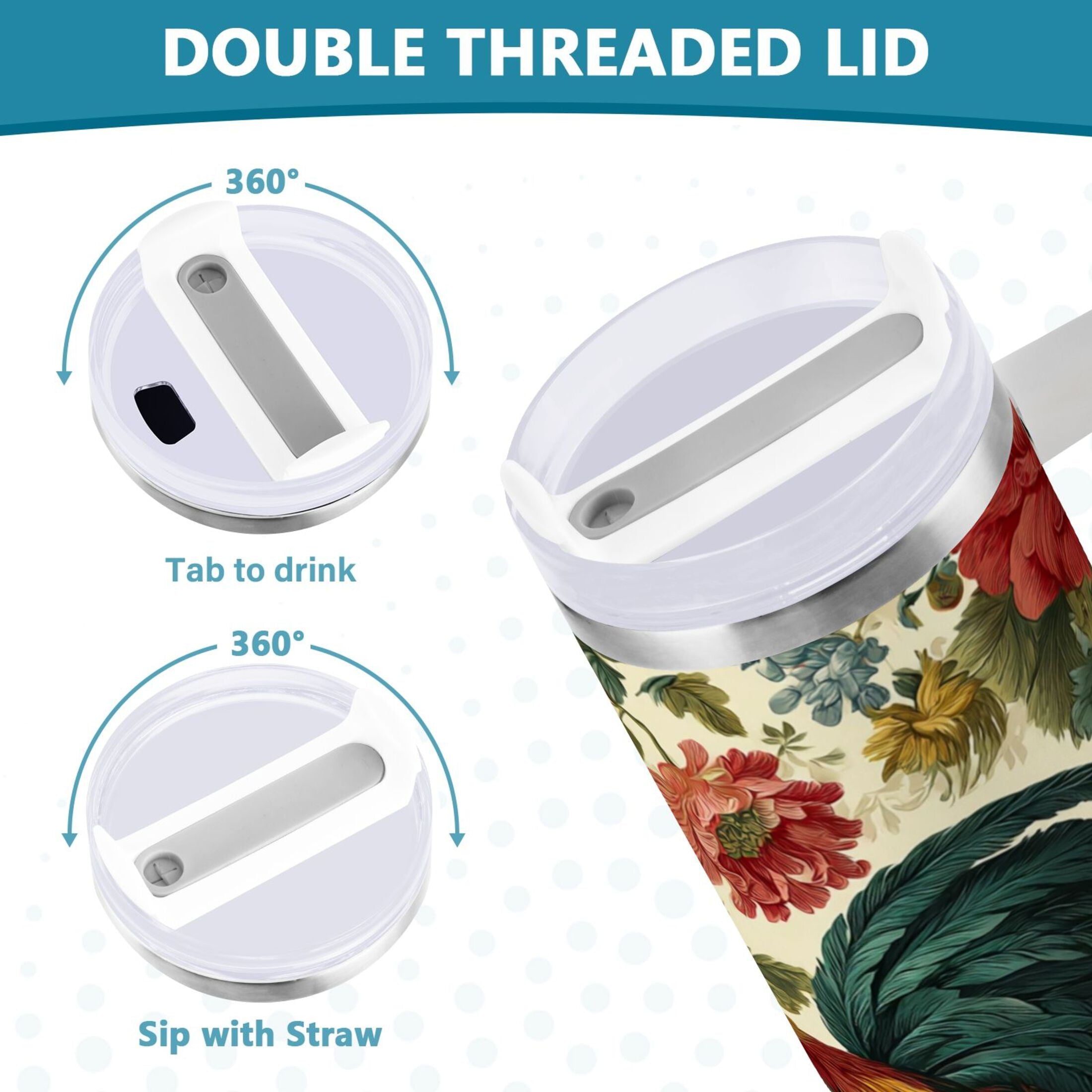 40 oz Insulated Stainless Steel Tumbler Double Wall Stainless Steel Tumbler with 2-Way Drinking Rooster and Vintage Floral - Pick 196