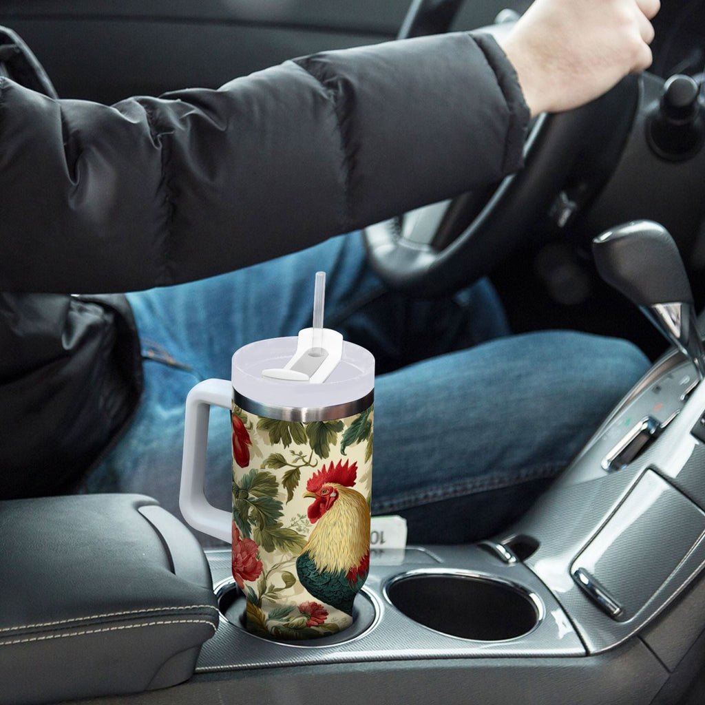 40 oz Insulated Stainless Steel Tumbler Double Wall Stainless Steel Tumbler with 2-Way Drinking Rooster and Vintage Floral - Pick 196