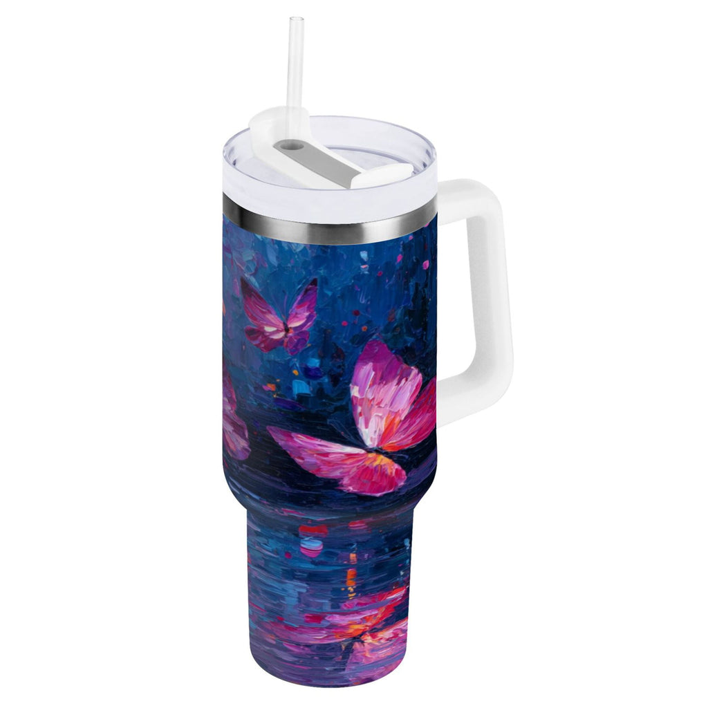 40 oz Insulated Stainless Steel Tumbler Double Wall Stainless Steel Tumbler with 2-Way Drinking Night Scene and Butterflies - Pick 222