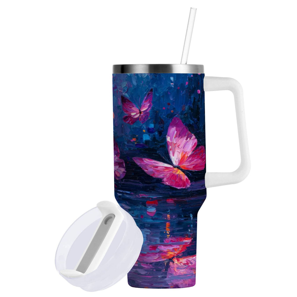 40 oz Insulated Stainless Steel Tumbler Double Wall Stainless Steel Tumbler with 2-Way Drinking Night Scene and Butterflies - Pick 222