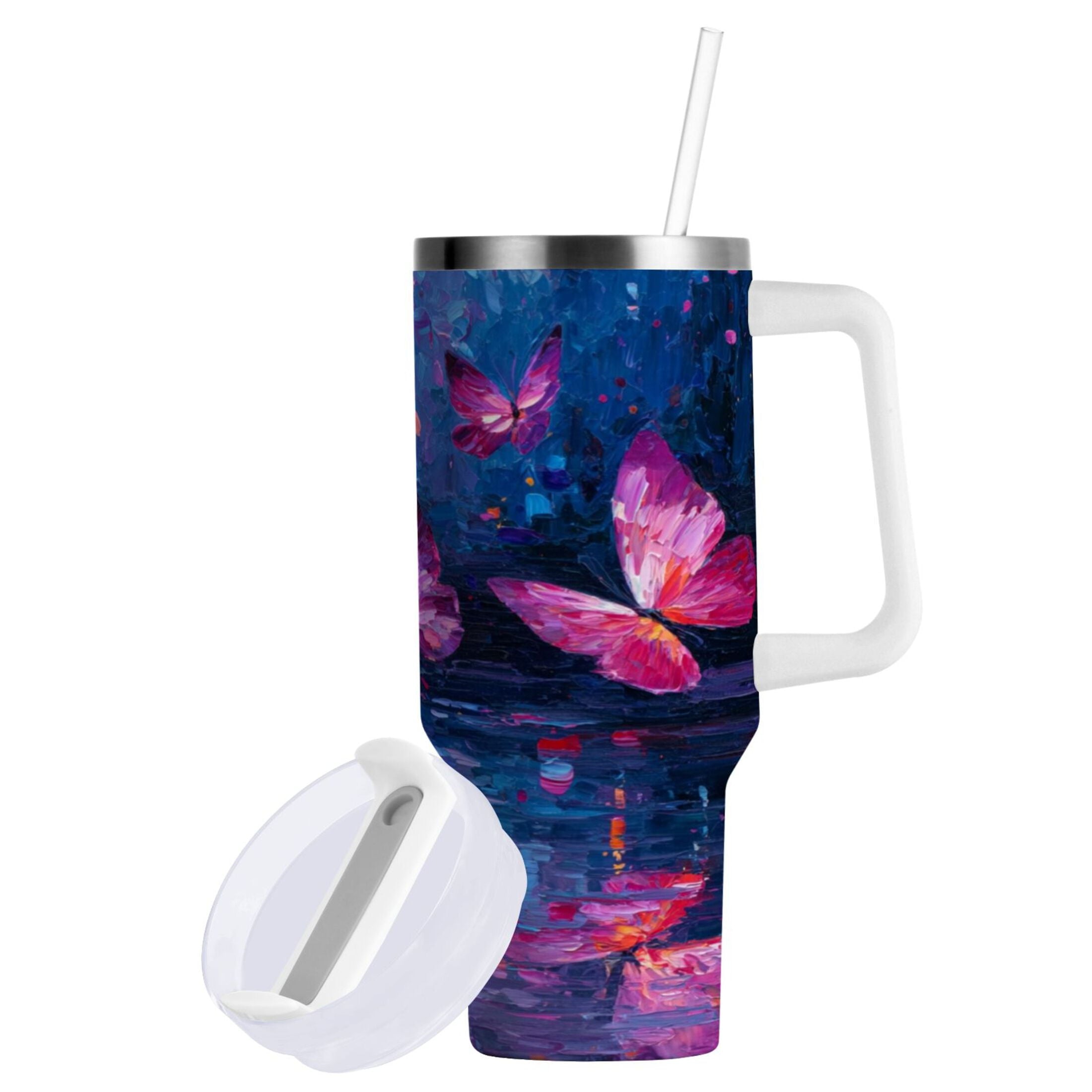 40 oz Insulated Stainless Steel Tumbler Double Wall Stainless Steel Tumbler with 2-Way Drinking Night Scene and Butterflies - Pick 222