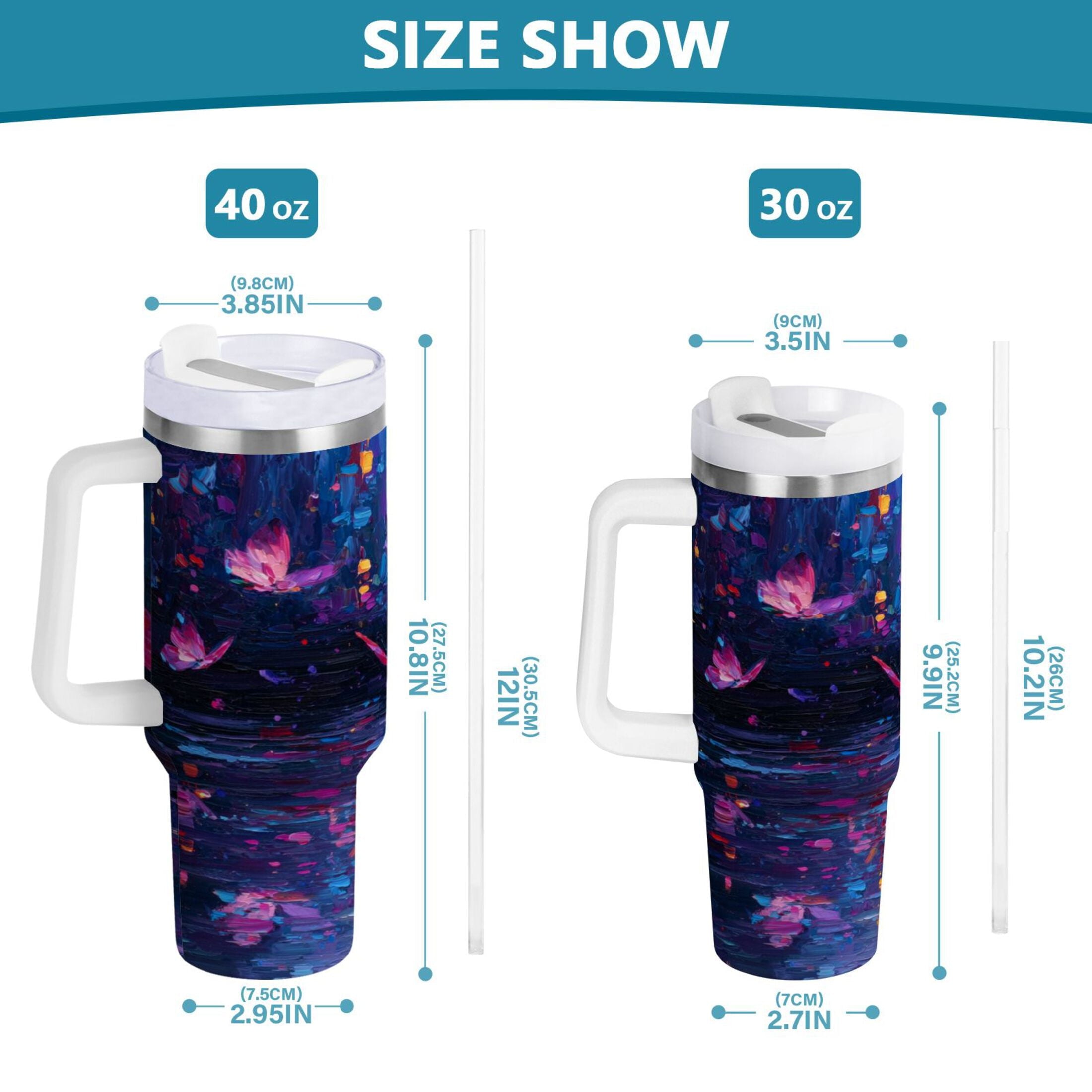 40 oz Insulated Stainless Steel Tumbler Double Wall Stainless Steel Tumbler with 2-Way Drinking Night Scene and Butterflies - Pick 222
