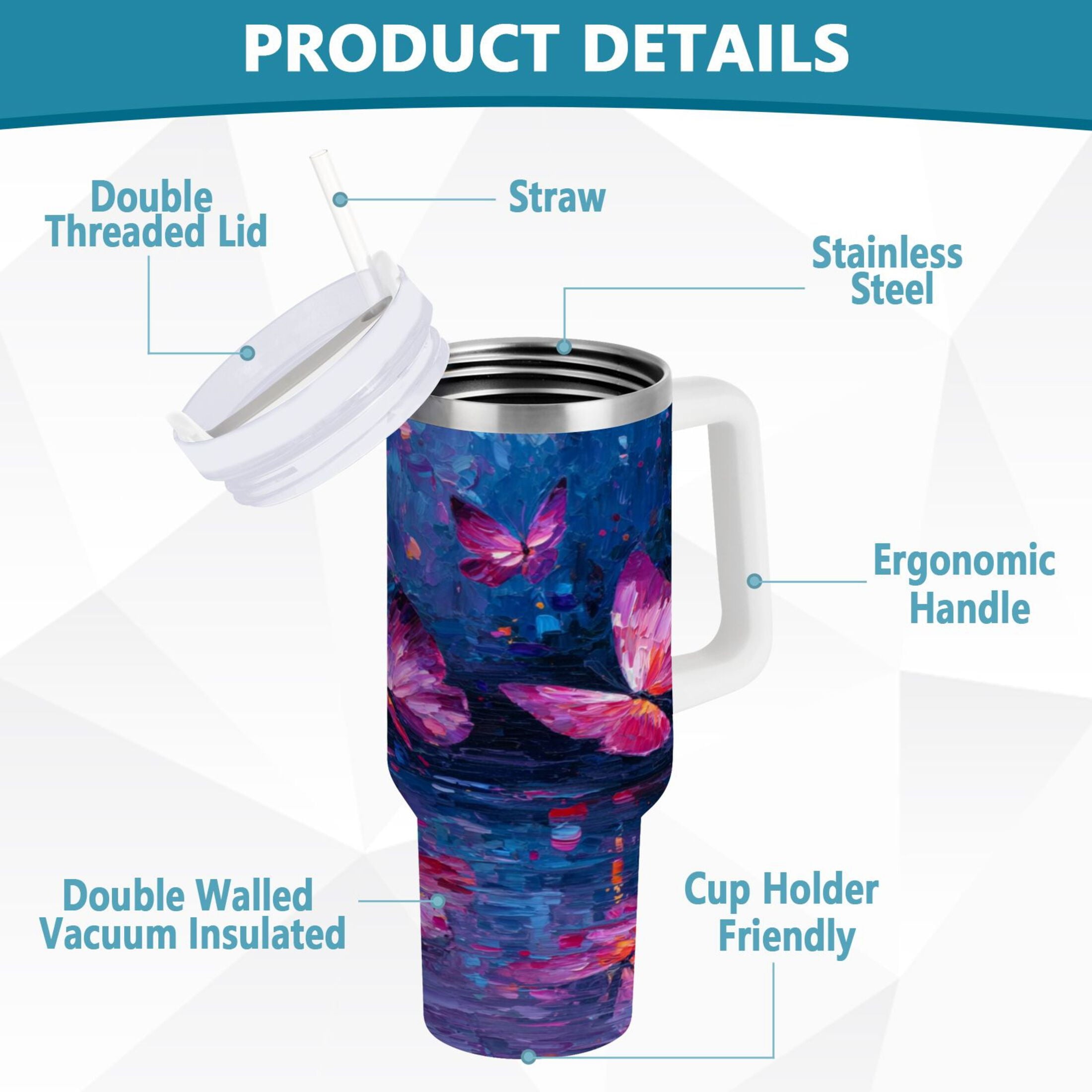 40 oz Insulated Stainless Steel Tumbler Double Wall Stainless Steel Tumbler with 2-Way Drinking Night Scene and Butterflies - Pick 222