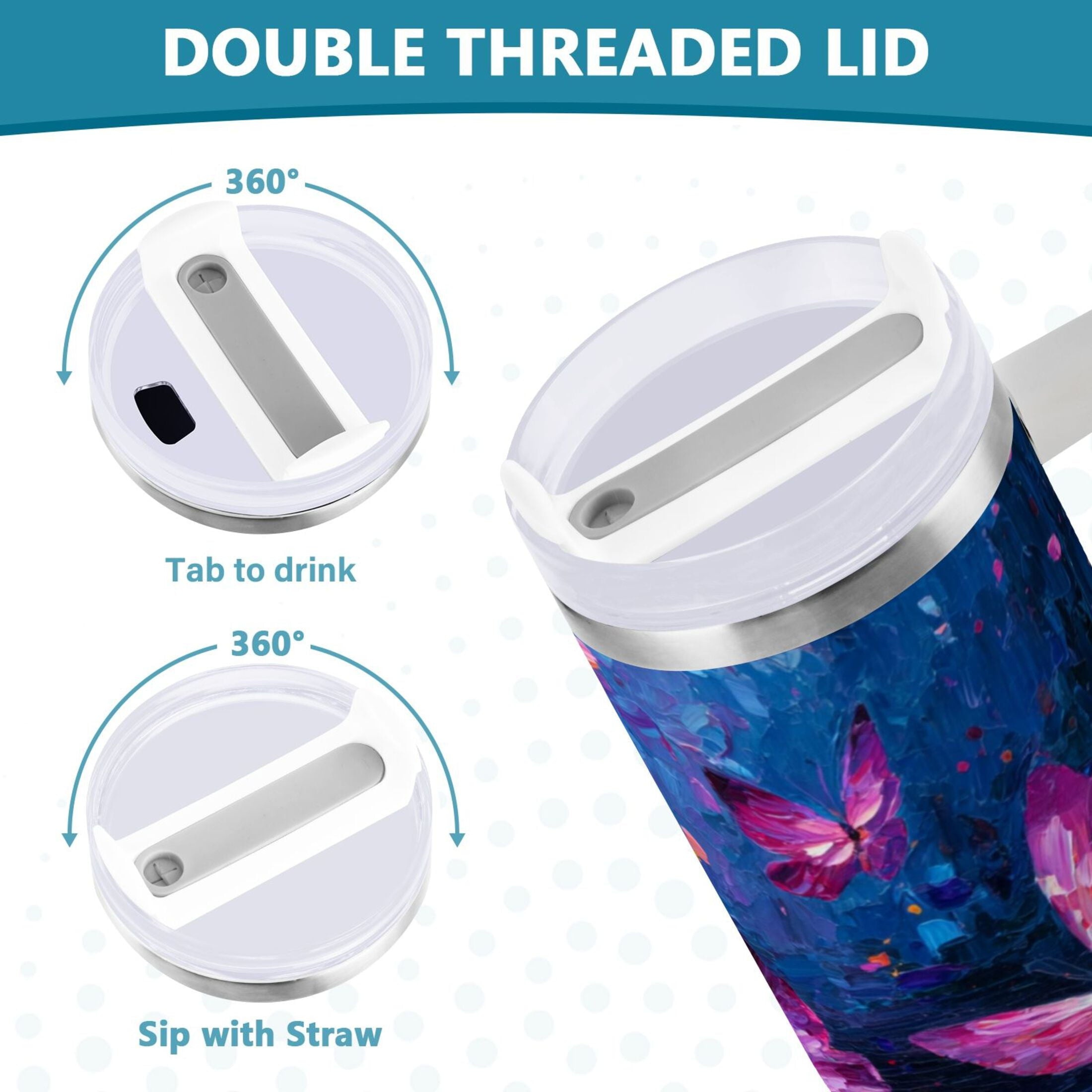 40 oz Insulated Stainless Steel Tumbler Double Wall Stainless Steel Tumbler with 2-Way Drinking Night Scene and Butterflies - Pick 222