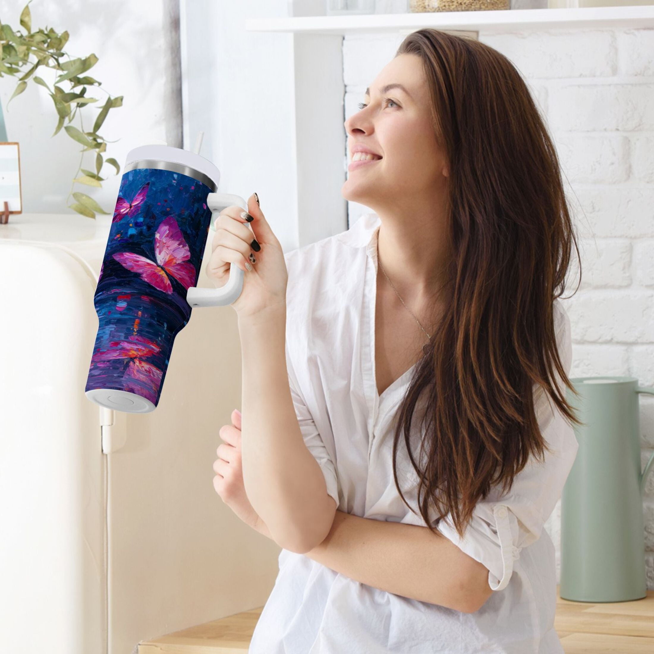 40 oz Insulated Stainless Steel Tumbler Double Wall Stainless Steel Tumbler with 2-Way Drinking Night Scene and Butterflies - Pick 222