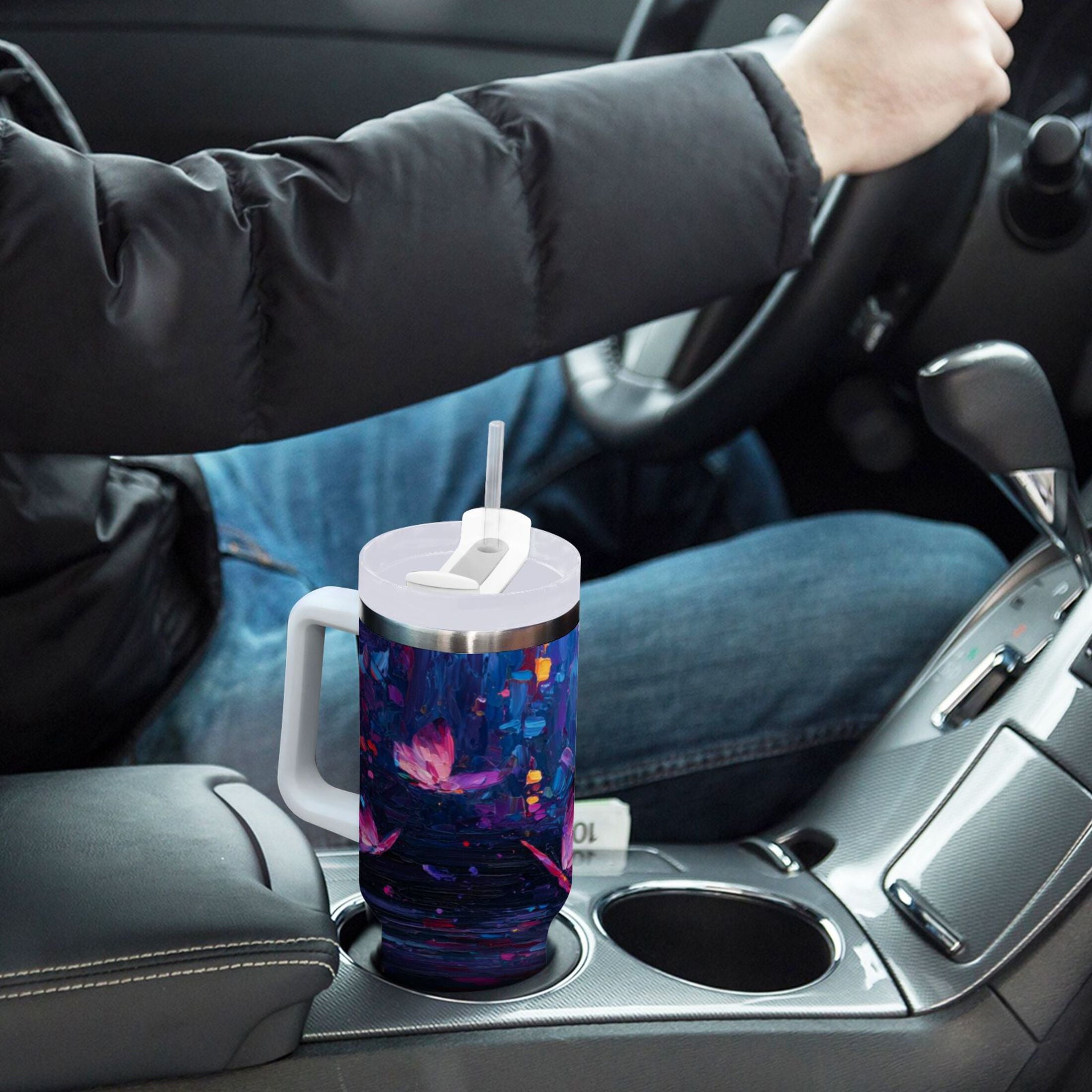 40 oz Insulated Stainless Steel Tumbler Double Wall Stainless Steel Tumbler with 2-Way Drinking Night Scene and Butterflies - Pick 222