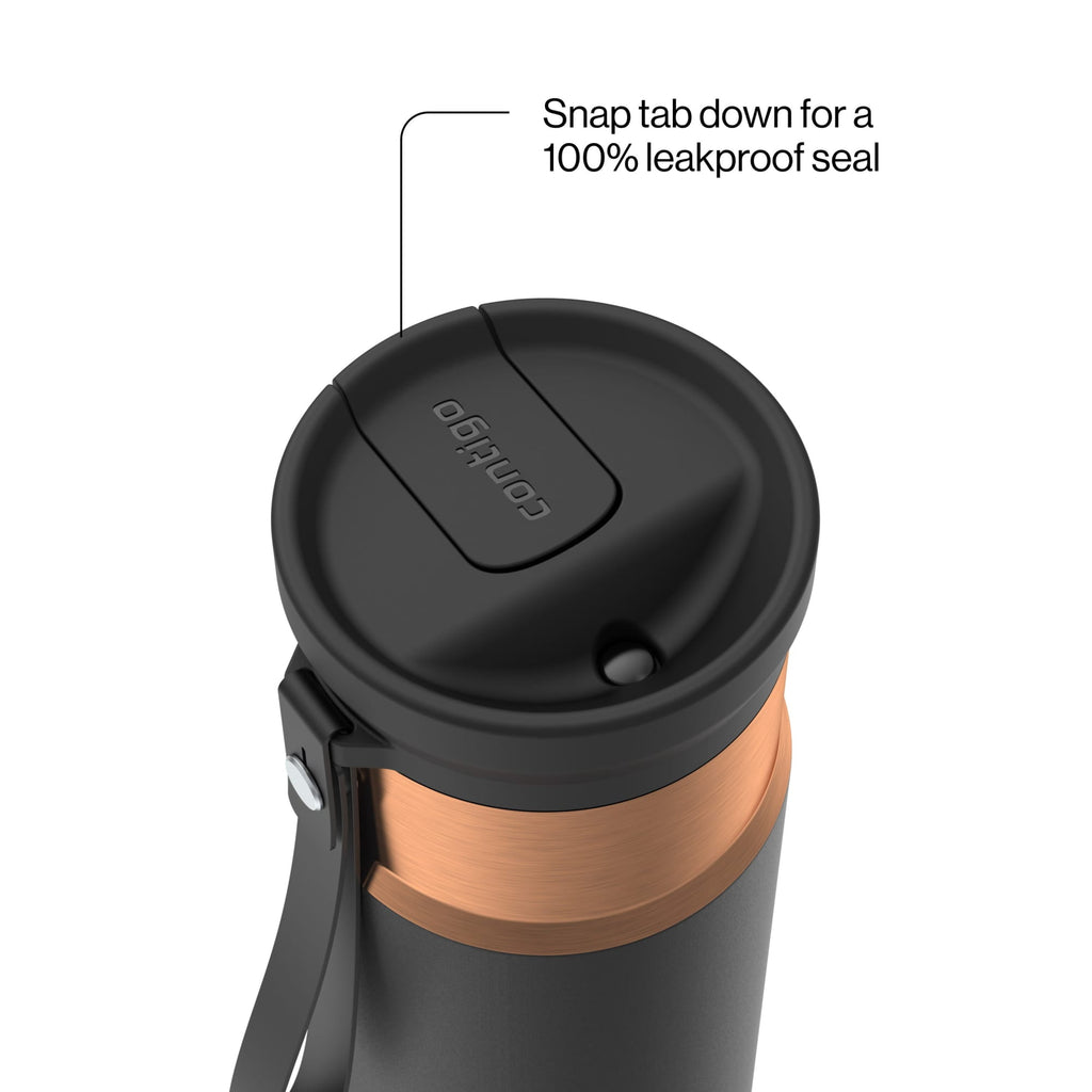 Contigo SnapSeal Leakproof Stainless Steel Reusable Water Bottle with Carrying Strap, Black/Bronze, 16 oz - Pick 813