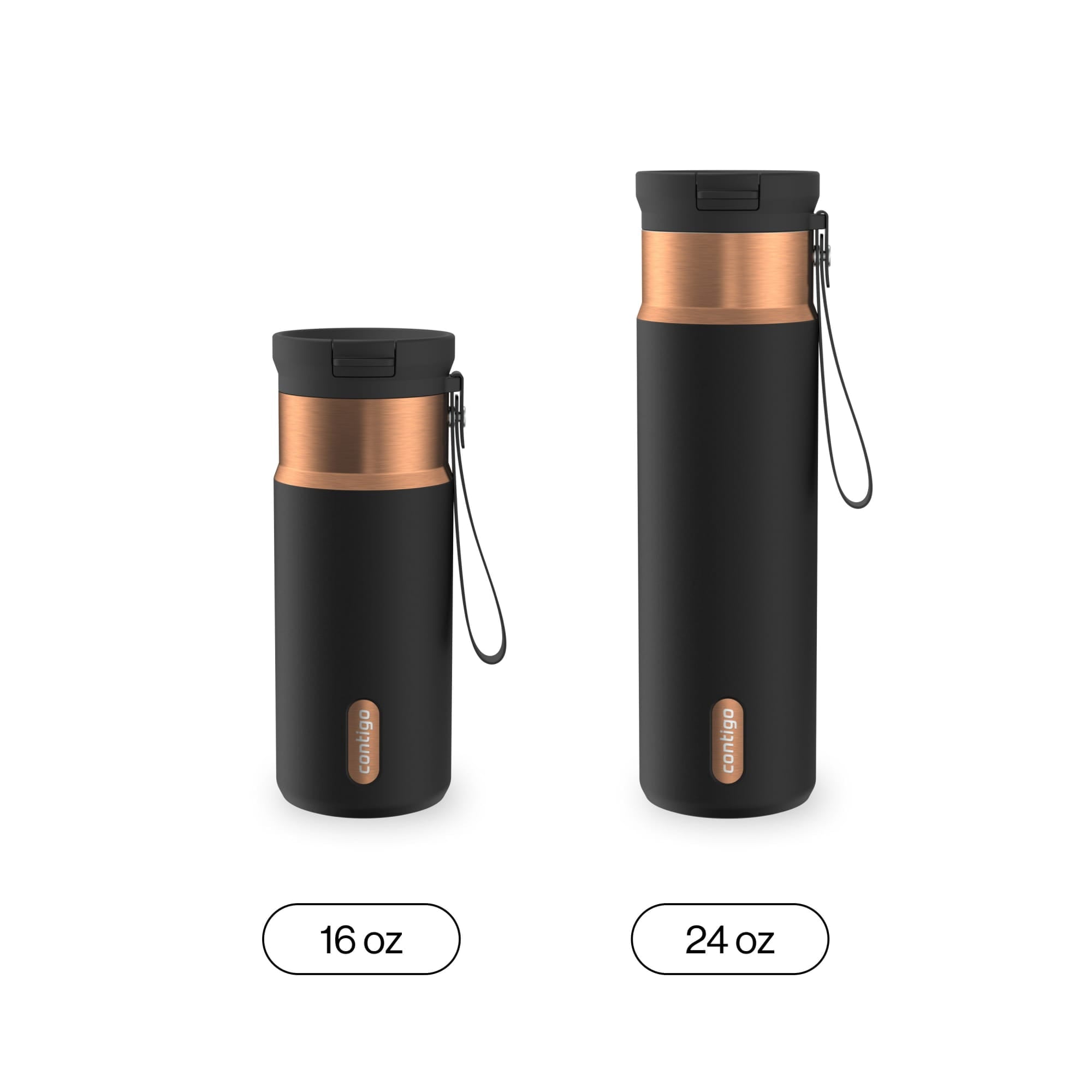 Contigo SnapSeal Leakproof Stainless Steel Reusable Water Bottle with Carrying Strap, Black/Bronze, 16 oz - Pick 813