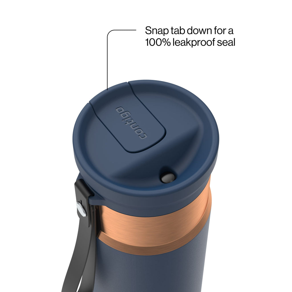 Contigo SnapSeal Leakproof Stainless Steel Reusable Water Bottle with Carrying Strap, Black/Bronze, 16 oz - Pick 813