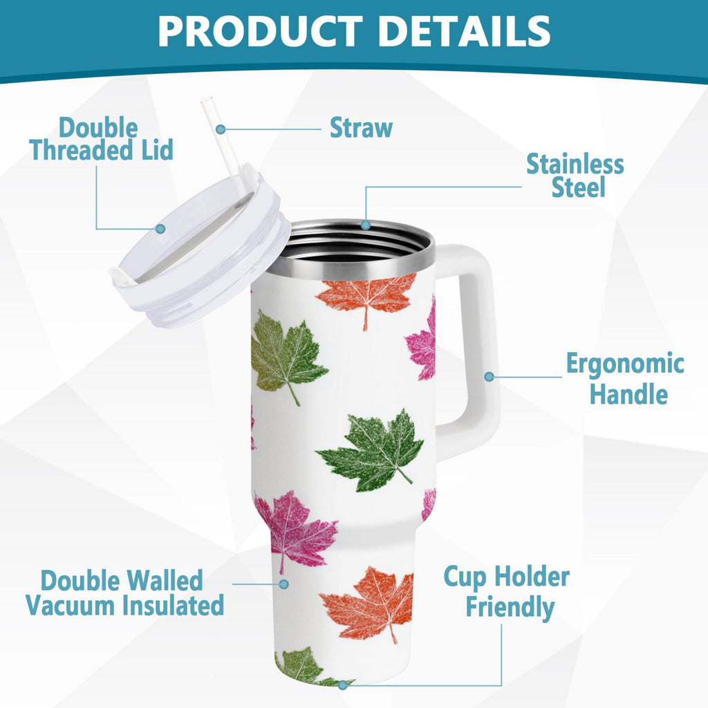 40 oz Insulated Stainless Steel Tumbler Double Wall Stainless Steel Tumbler with 2-Way Drinking Pink Maple Leaf - Pick 804
