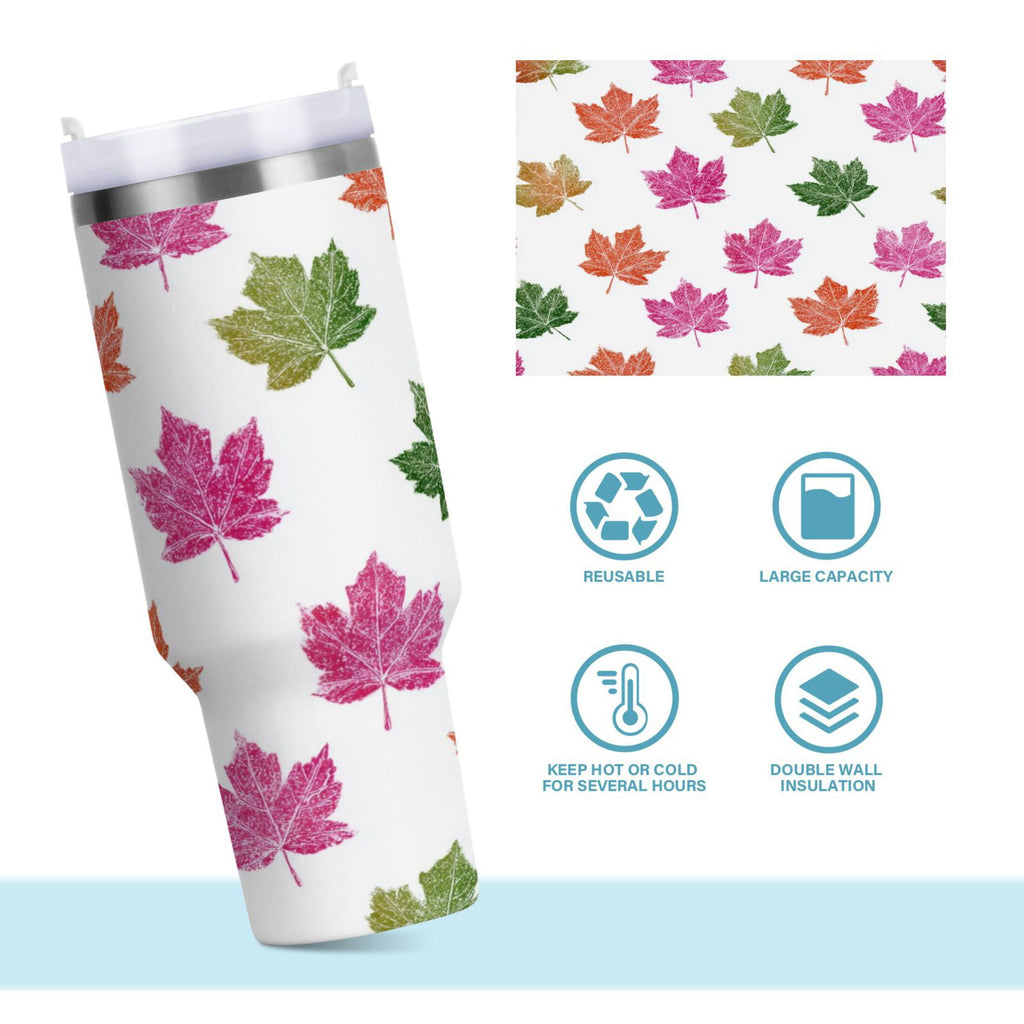 40 oz Insulated Stainless Steel Tumbler Double Wall Stainless Steel Tumbler with 2-Way Drinking Pink Maple Leaf - Pick 804