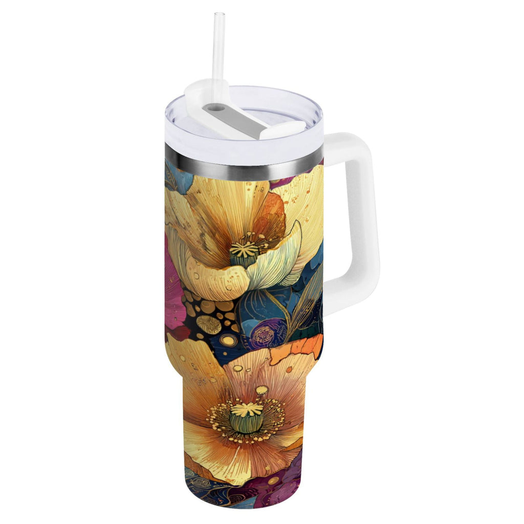 40 oz Insulated Stainless Steel Tumbler Double Wall Stainless Steel Tumbler with 2-Way Drinking Vibrant and Intricate Flowers - Pick 797