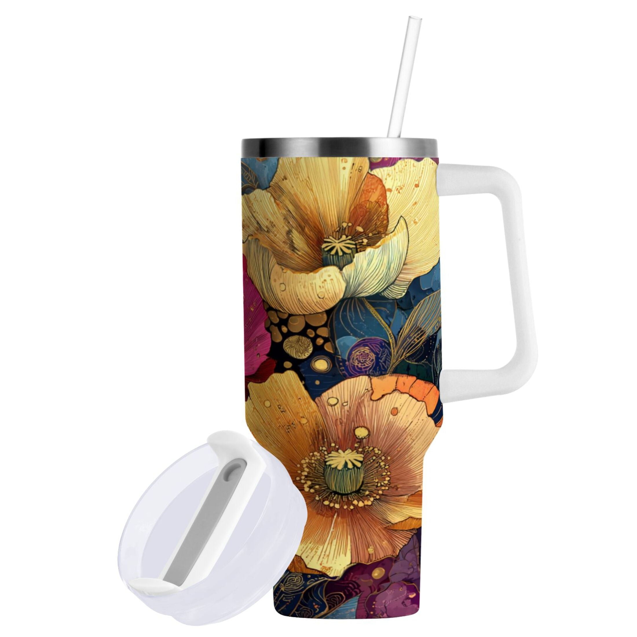 40 oz Insulated Stainless Steel Tumbler Double Wall Stainless Steel Tumbler with 2-Way Drinking Vibrant and Intricate Flowers - Pick 797