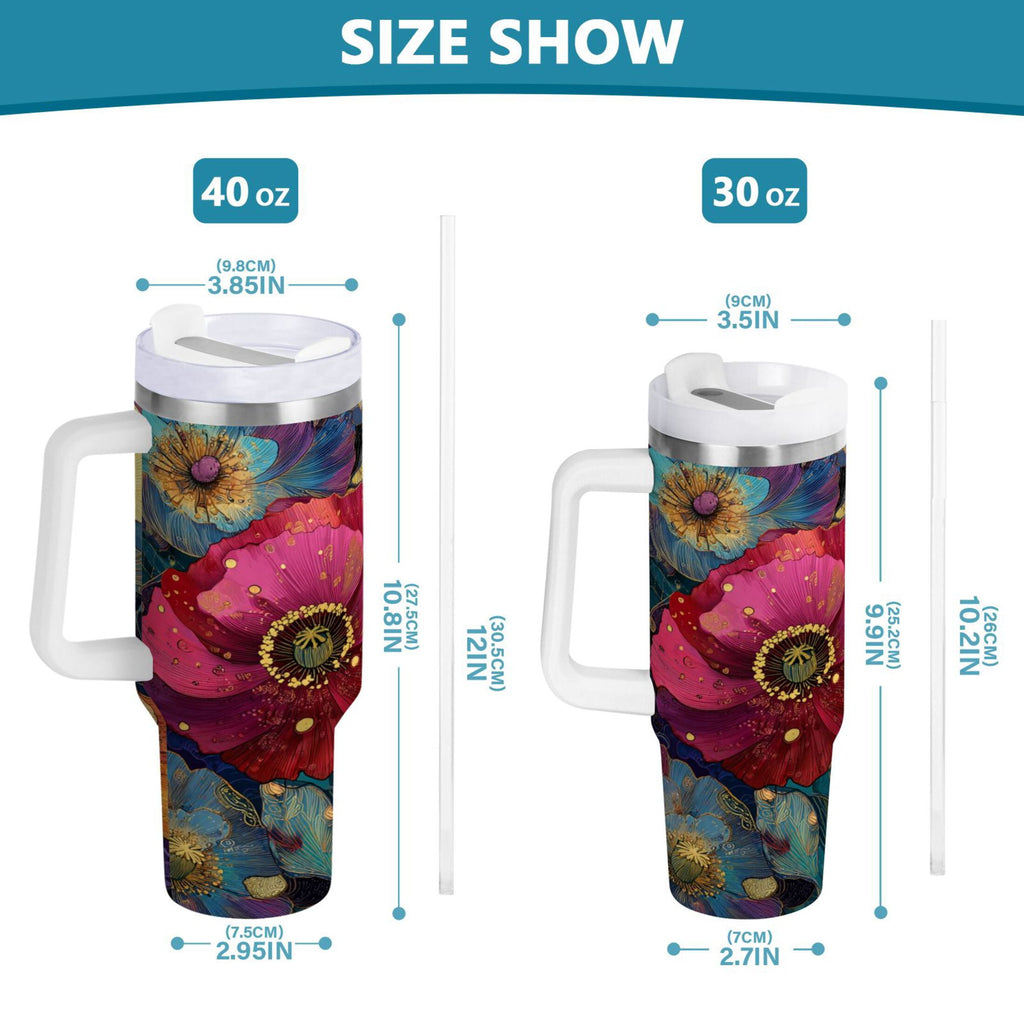 40 oz Insulated Stainless Steel Tumbler Double Wall Stainless Steel Tumbler with 2-Way Drinking Vibrant and Intricate Flowers - Pick 797