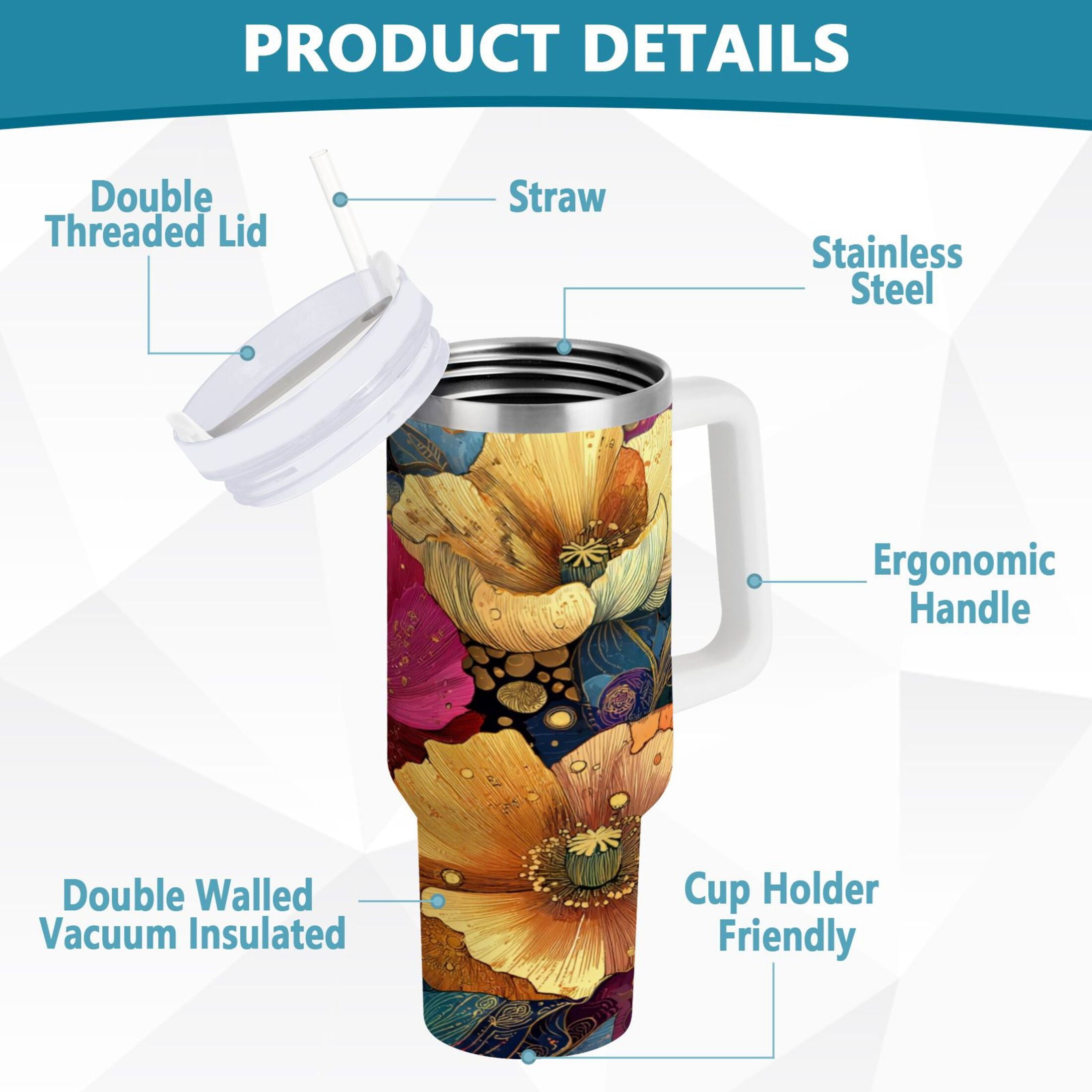 40 oz Insulated Stainless Steel Tumbler Double Wall Stainless Steel Tumbler with 2-Way Drinking Vibrant and Intricate Flowers - Pick 797