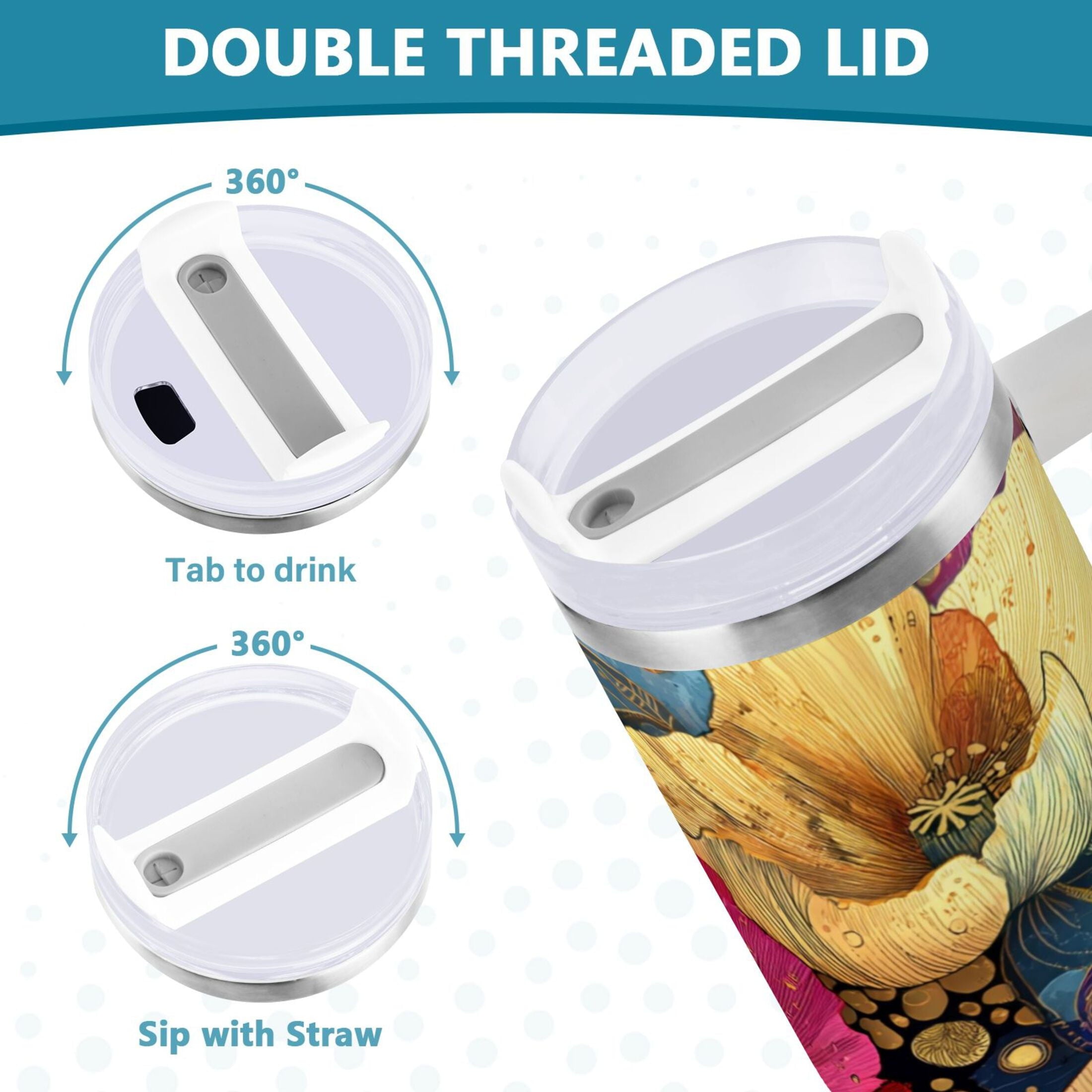40 oz Insulated Stainless Steel Tumbler Double Wall Stainless Steel Tumbler with 2-Way Drinking Vibrant and Intricate Flowers - Pick 797