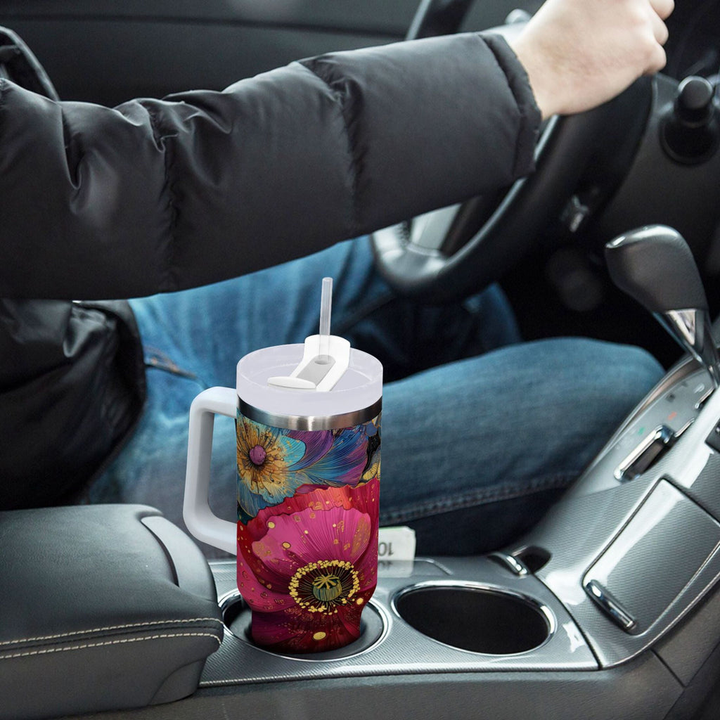 40 oz Insulated Stainless Steel Tumbler Double Wall Stainless Steel Tumbler with 2-Way Drinking Vibrant and Intricate Flowers - Pick 797