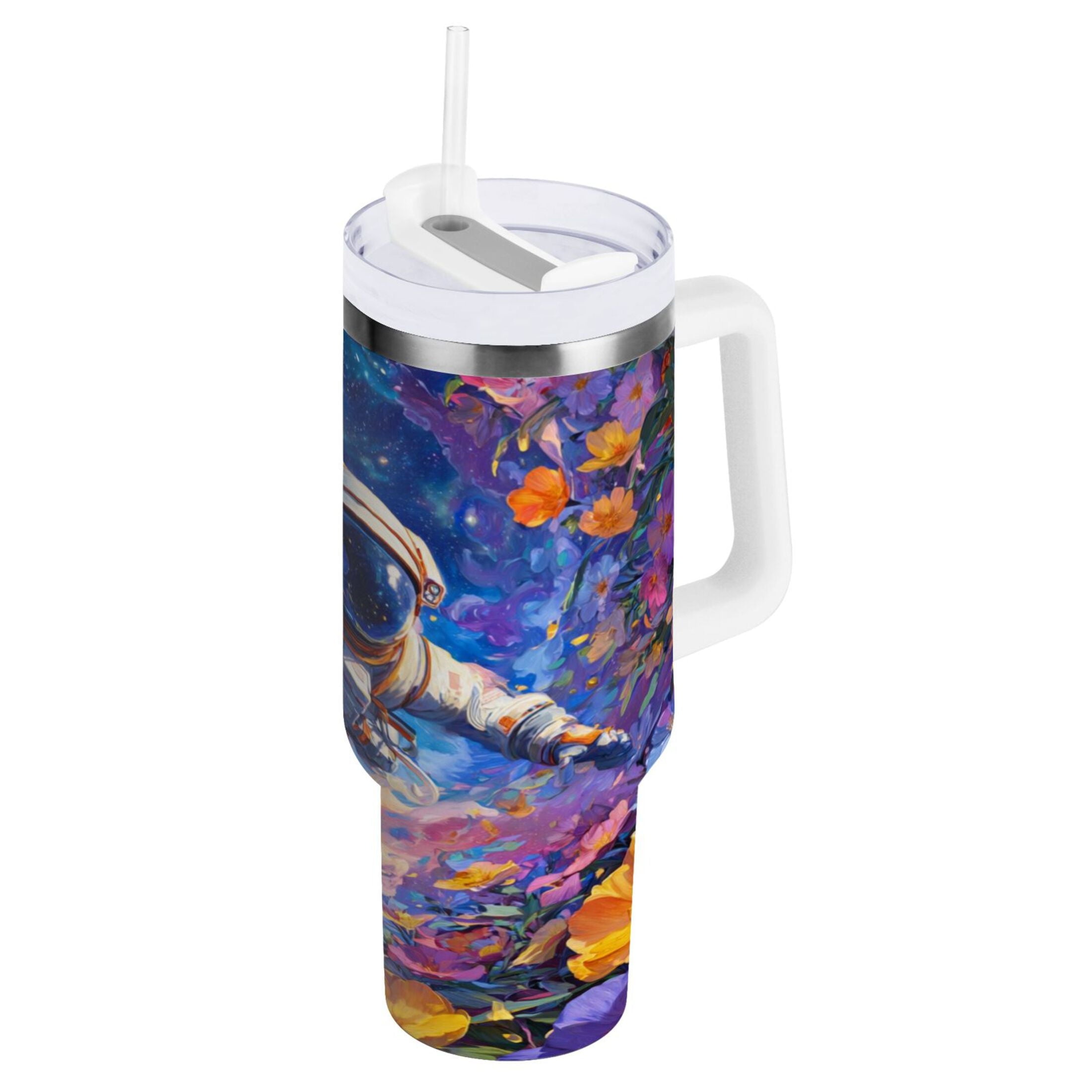 40 oz Insulated Stainless Steel Tumbler Double Wall Stainless Steel Tumbler with 2-Way Drinking Astronaut and Colorful Flowers - Pick 978