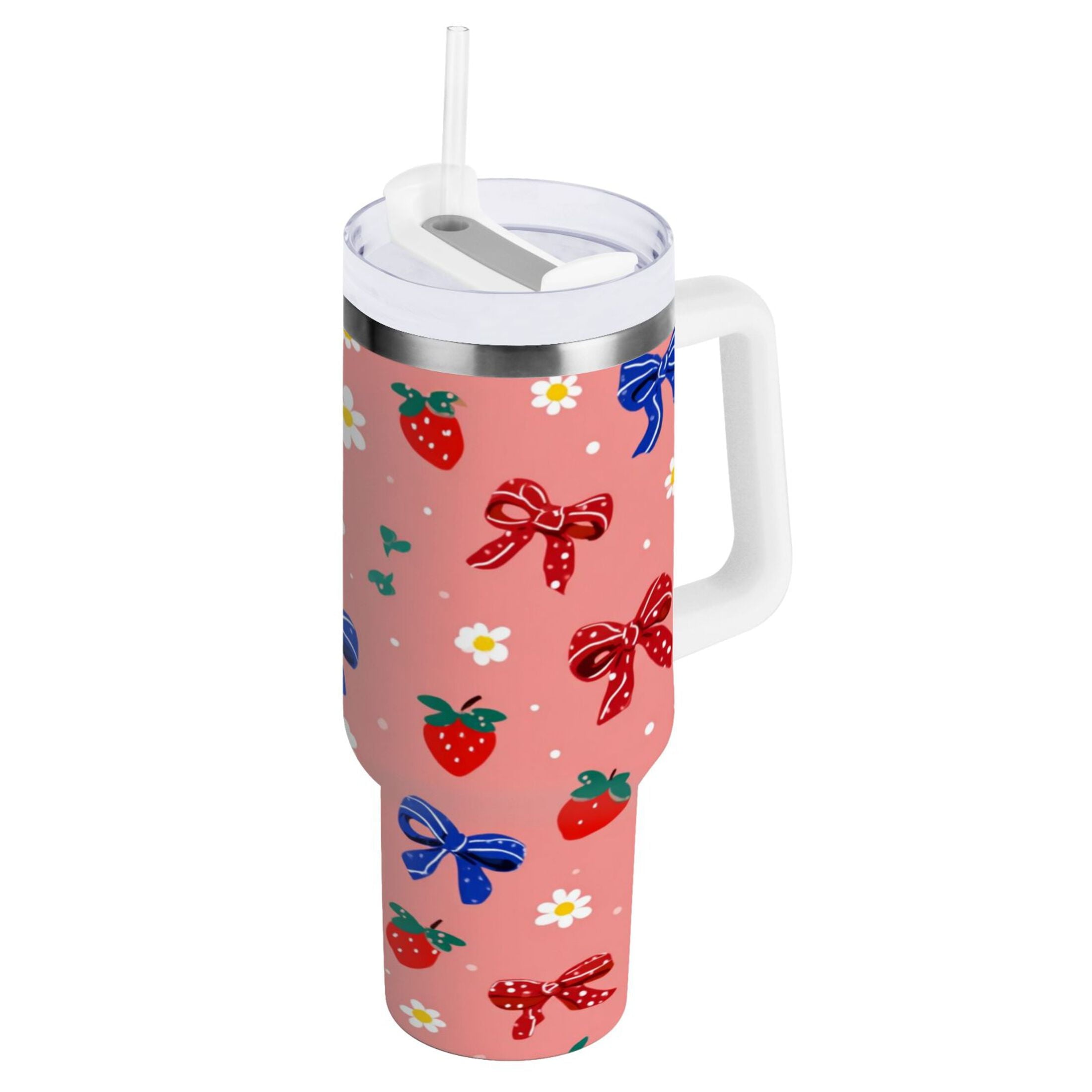 40 oz Insulated Stainless Steel Tumbler Double Wall Stainless Steel Tumbler with 2-Way Drinking Bows and Strawberries Pattern - Pick 631