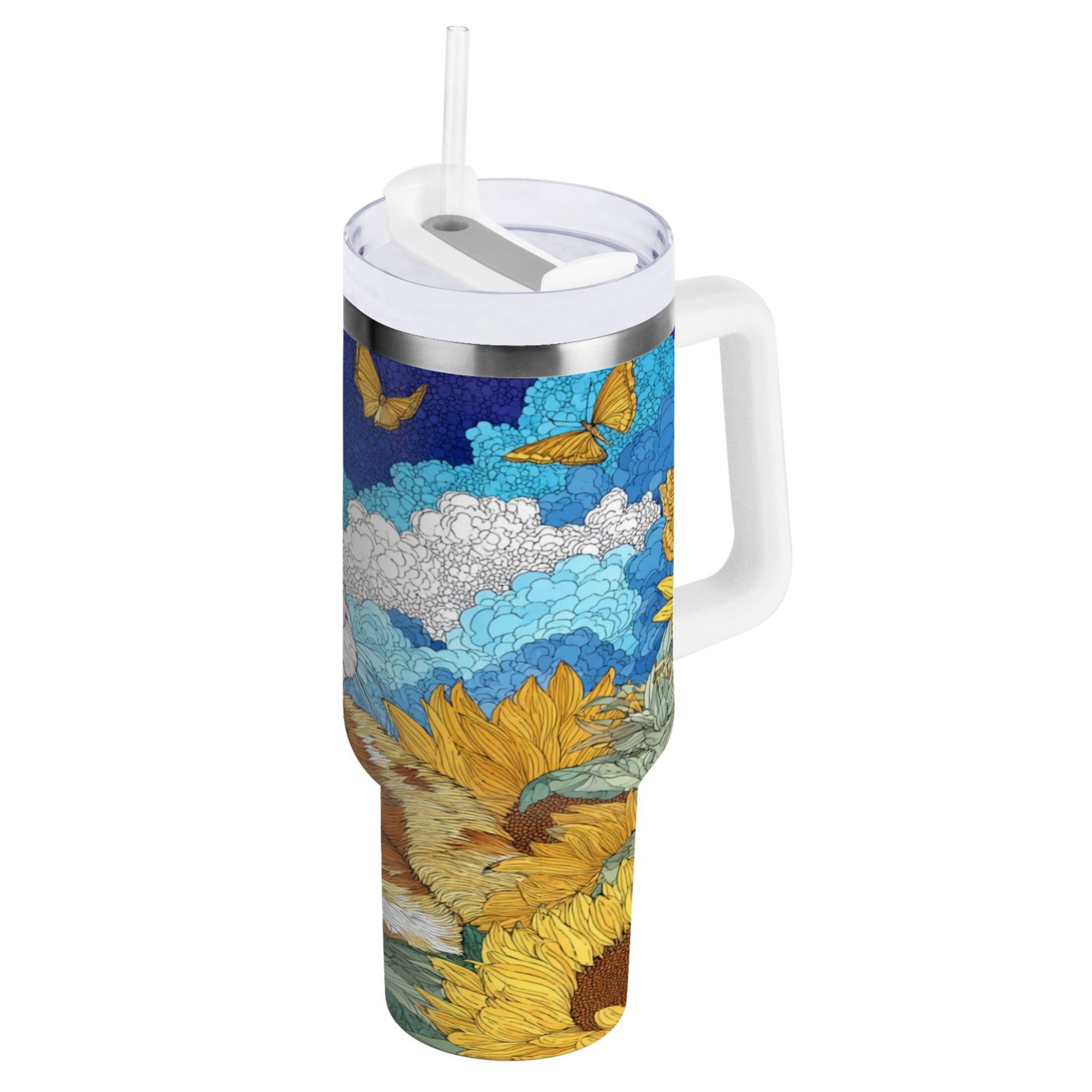 40 oz Insulated Stainless Steel Tumbler Double Wall Stainless Steel Tumbler with 2-Way Drinking Cat Lies in The Sunflowers - Pick 595