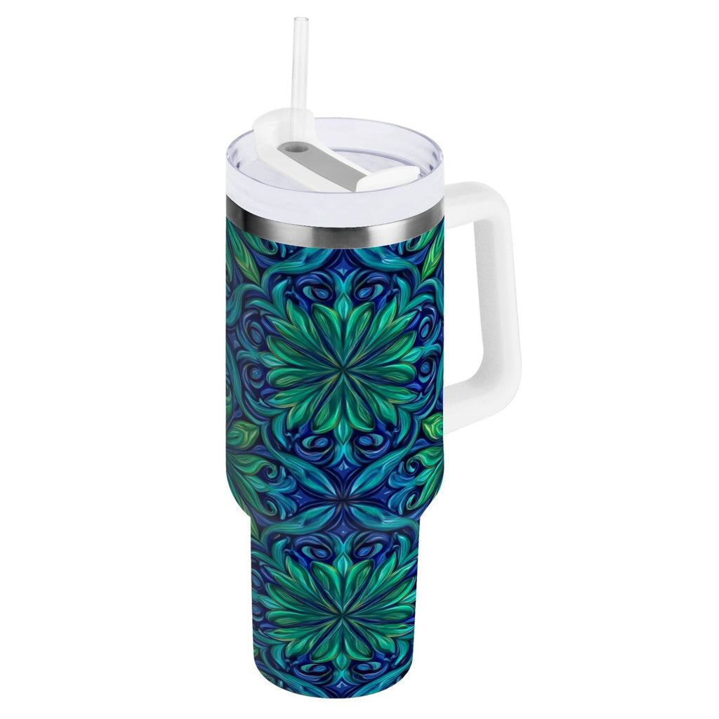 40 oz Insulated Stainless Steel Tumbler Double Wall Stainless Steel Tumbler with 2-Way Drinking Elegant Blue Traditional Patterns - Pick 761