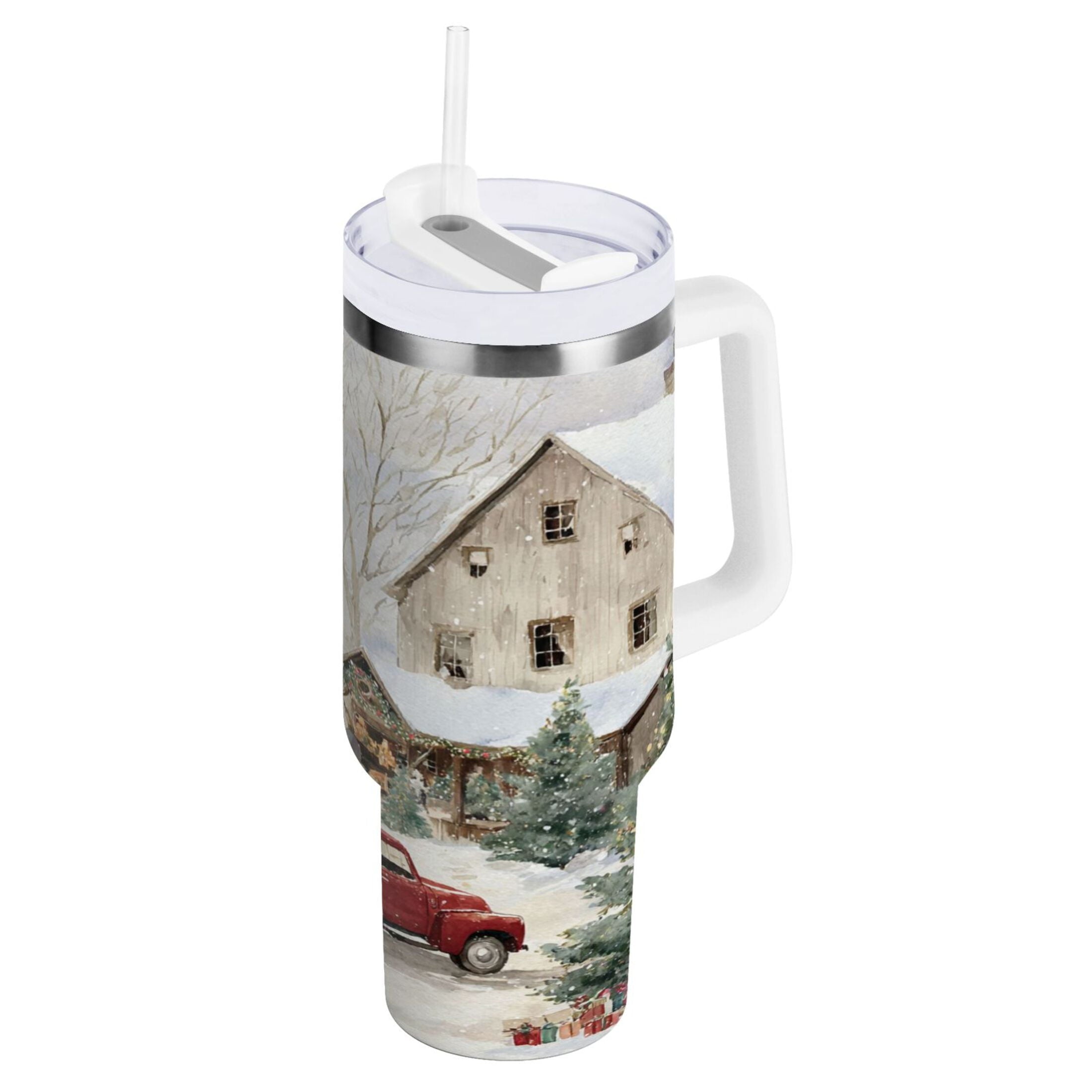 40 oz Insulated Stainless Steel Tumbler Double Wall Stainless Steel Tumbler with 2-Way Drinking Farm Snow Scene - Pick 311