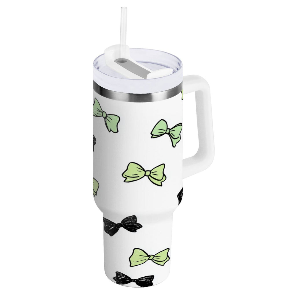 40 oz Insulated Stainless Steel Tumbler Double Wall Stainless Steel Tumbler with 2-Way Drinking Green and Black Bows - Pick 507