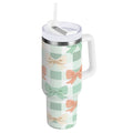 40 oz Insulated Stainless Steel Tumbler Double Wall Stainless Steel Tumbler with 2-Way Drinking Green and Peach Bow Pattern - Pick 342
