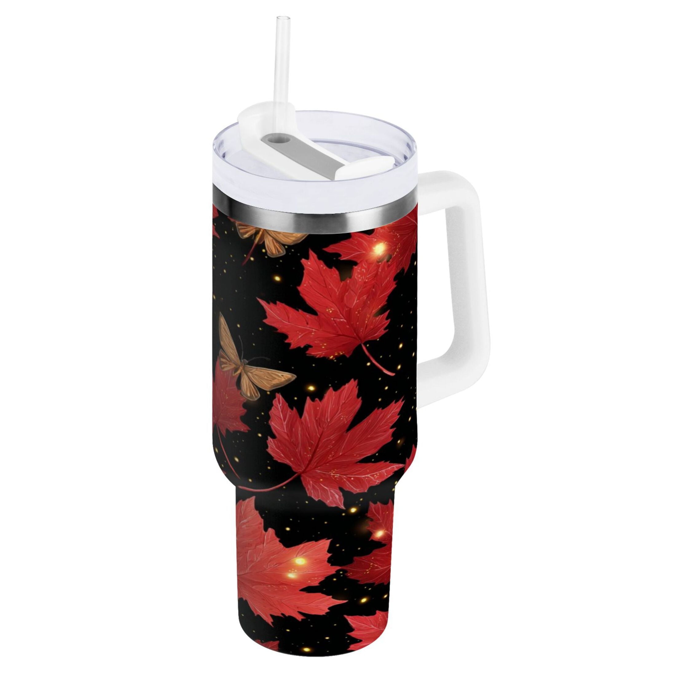 40 oz Insulated Stainless Steel Tumbler Double Wall Stainless Steel Tumbler with 2-Way Drinking Maple Leaves and Fireflies - Pick 528
