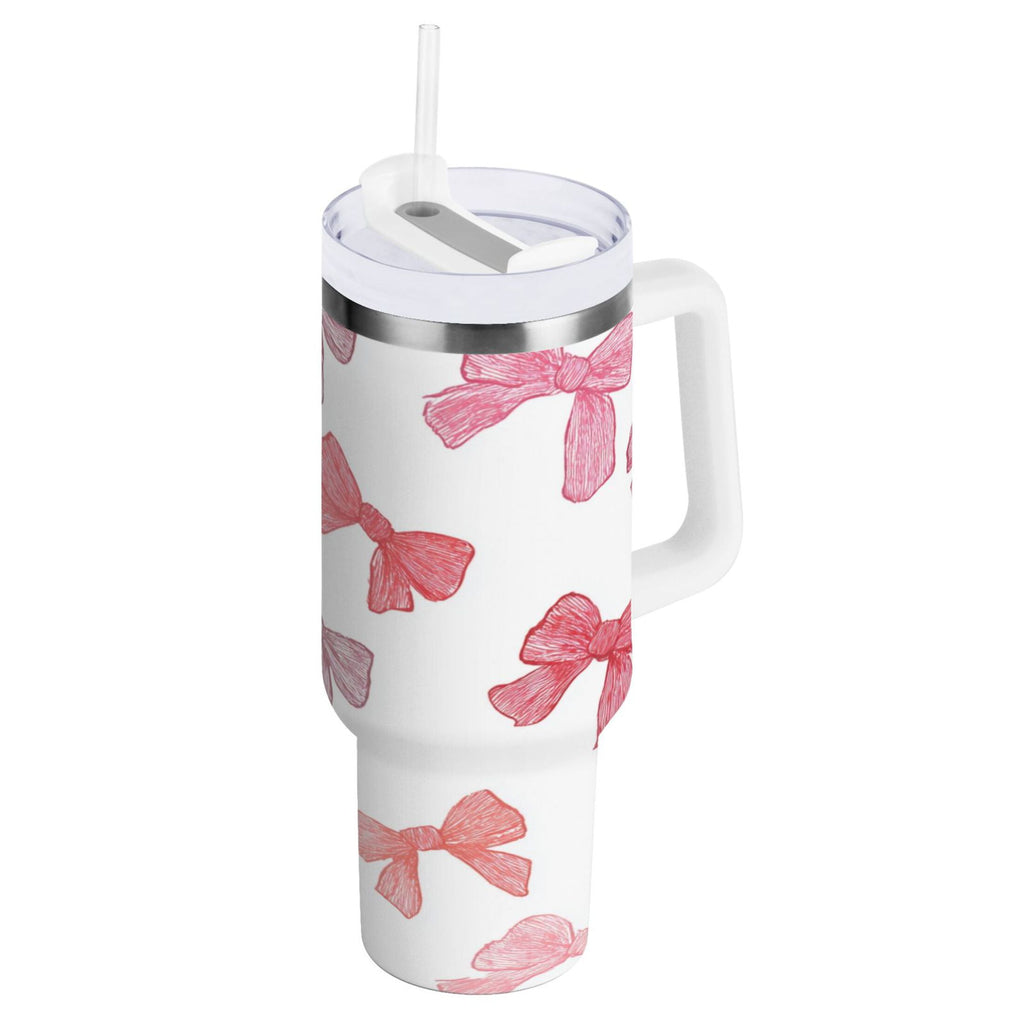 40 oz Insulated Stainless Steel Tumbler Double Wall Stainless Steel Tumbler with 2-Way Drinking Pink Bows Pattern - Pick 714
