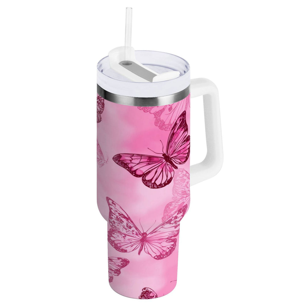 40 oz Insulated Stainless Steel Tumbler Double Wall Stainless Steel Tumbler with 2-Way Drinking Pink Butterfly Pattern - Pick 741
